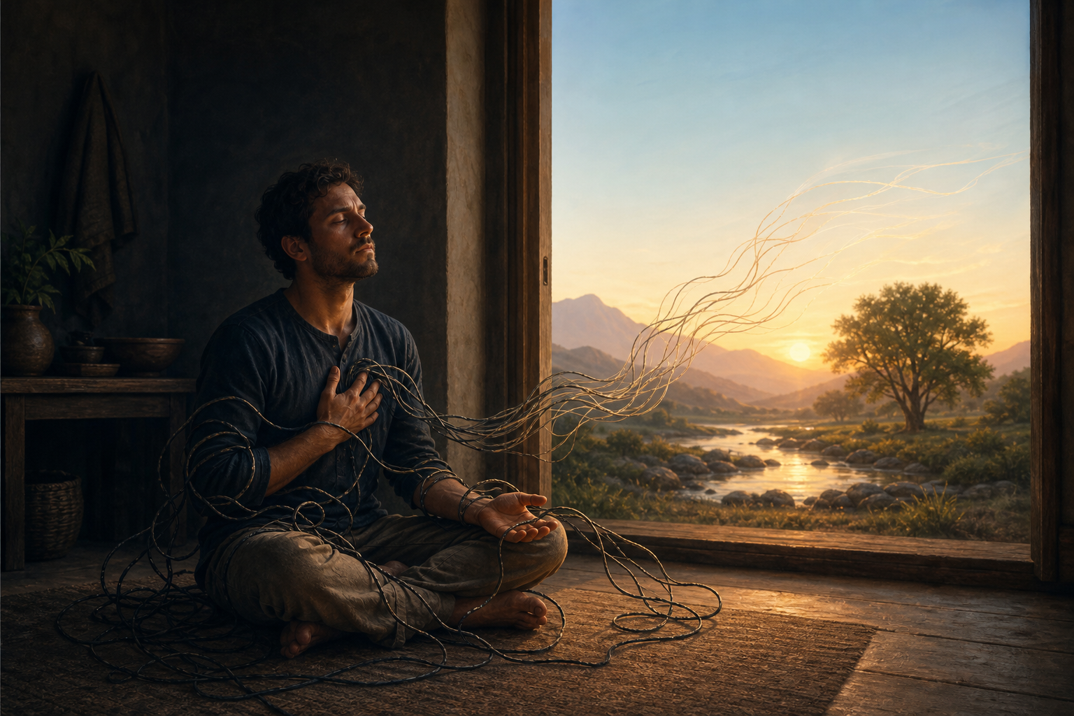 A seated person watches a dark knotted cord loosen into glowing threads beside an open doorway at dawn.