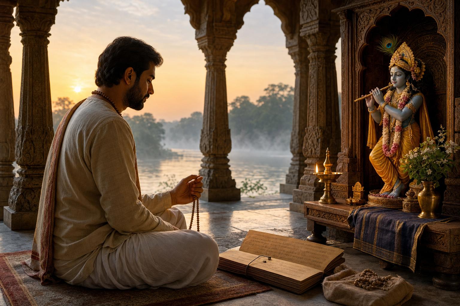 A practitioner studies an open manuscript and holds prayer beads before a small Krishna altar on a temple veranda lit by an oil lamp and morning sunlight.