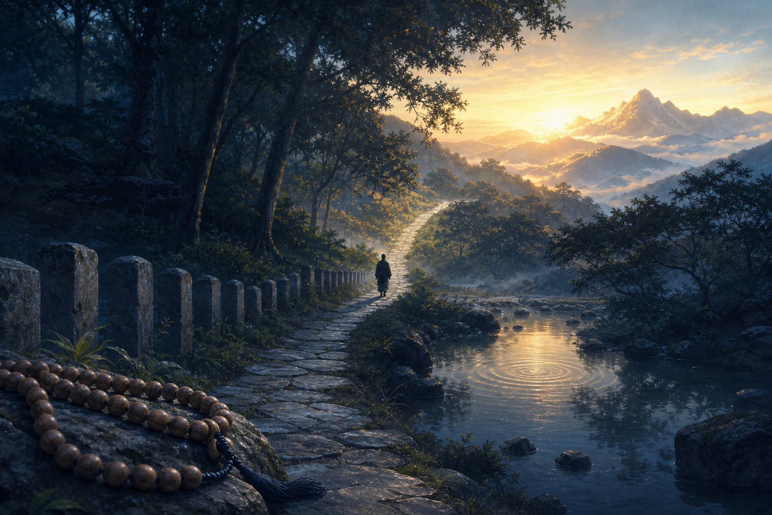 A lone figure follows a temple path from prayer beads and a shaded pool toward a softly illuminated mountain horizon.