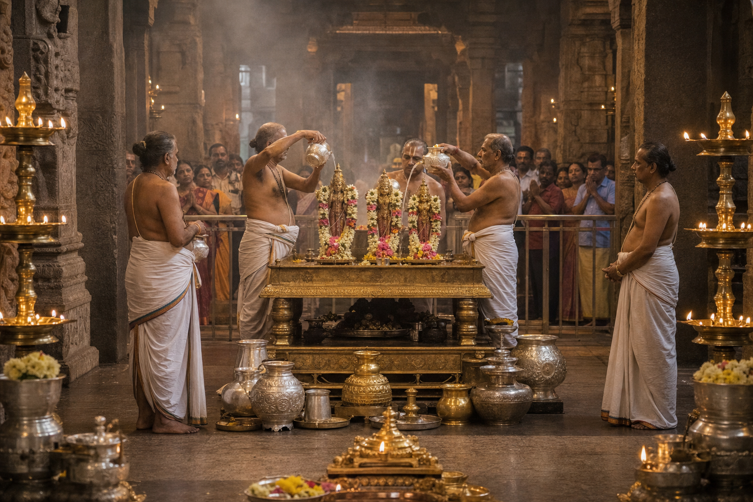 Temple priests perform a ceremonial ablution for flower-adorned processional deities as devotees watch from behind a railing.