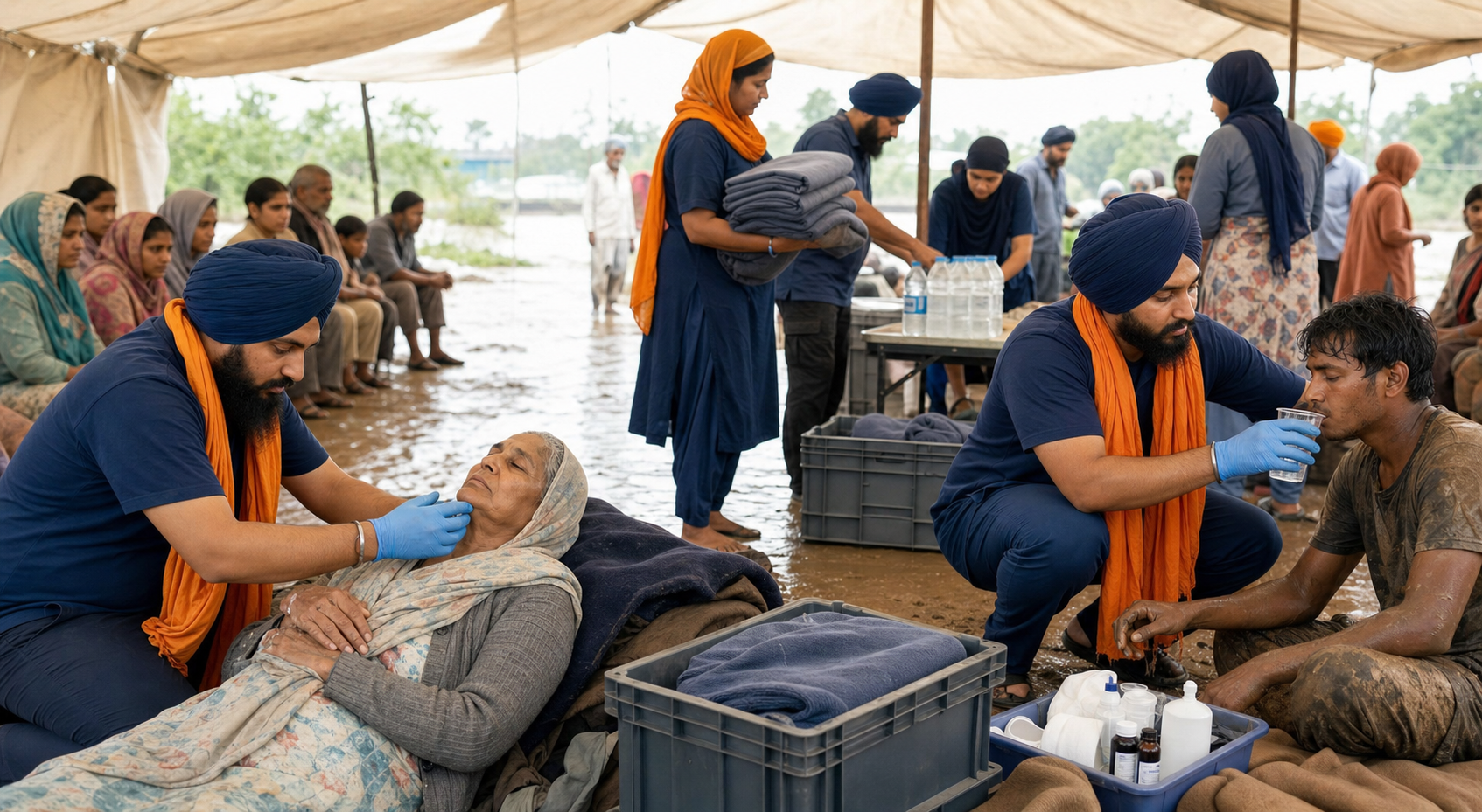 Sikh volunteers provide first aid, water, and blankets to flood survivors at an organized temporary relief station.