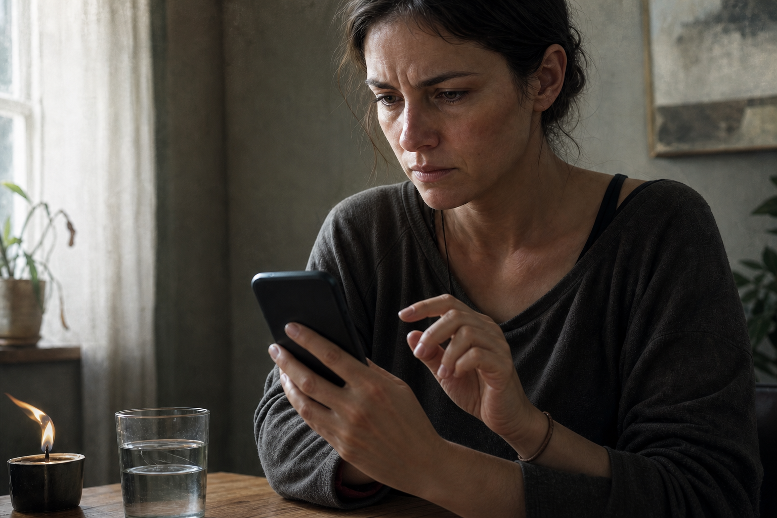 A tense person pauses with a smartphone in hand beside a glass of water with fading ripples.
