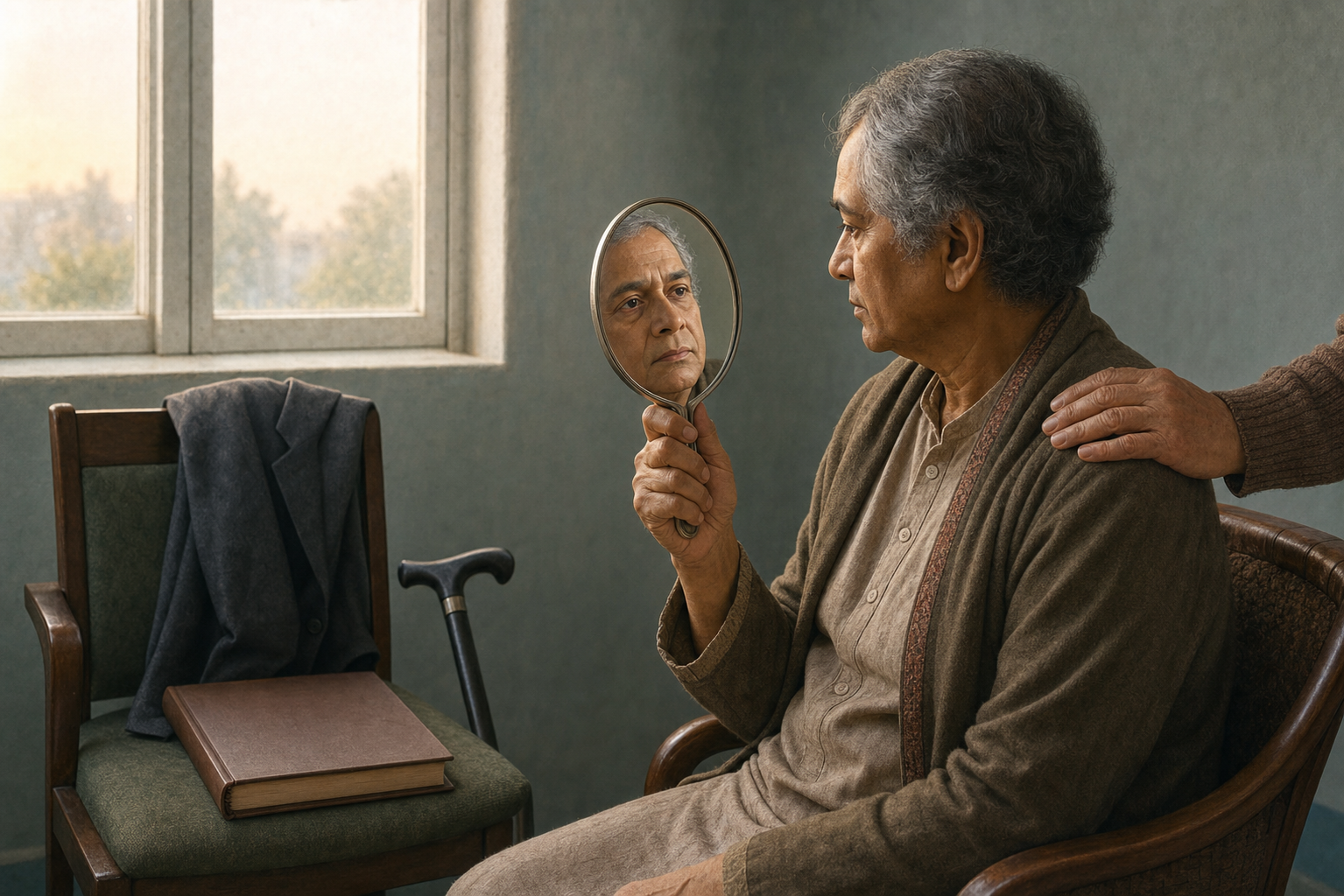 An older adult looks into a handheld mirror in a rehabilitation room while a companion rests a hand on their shoulder.