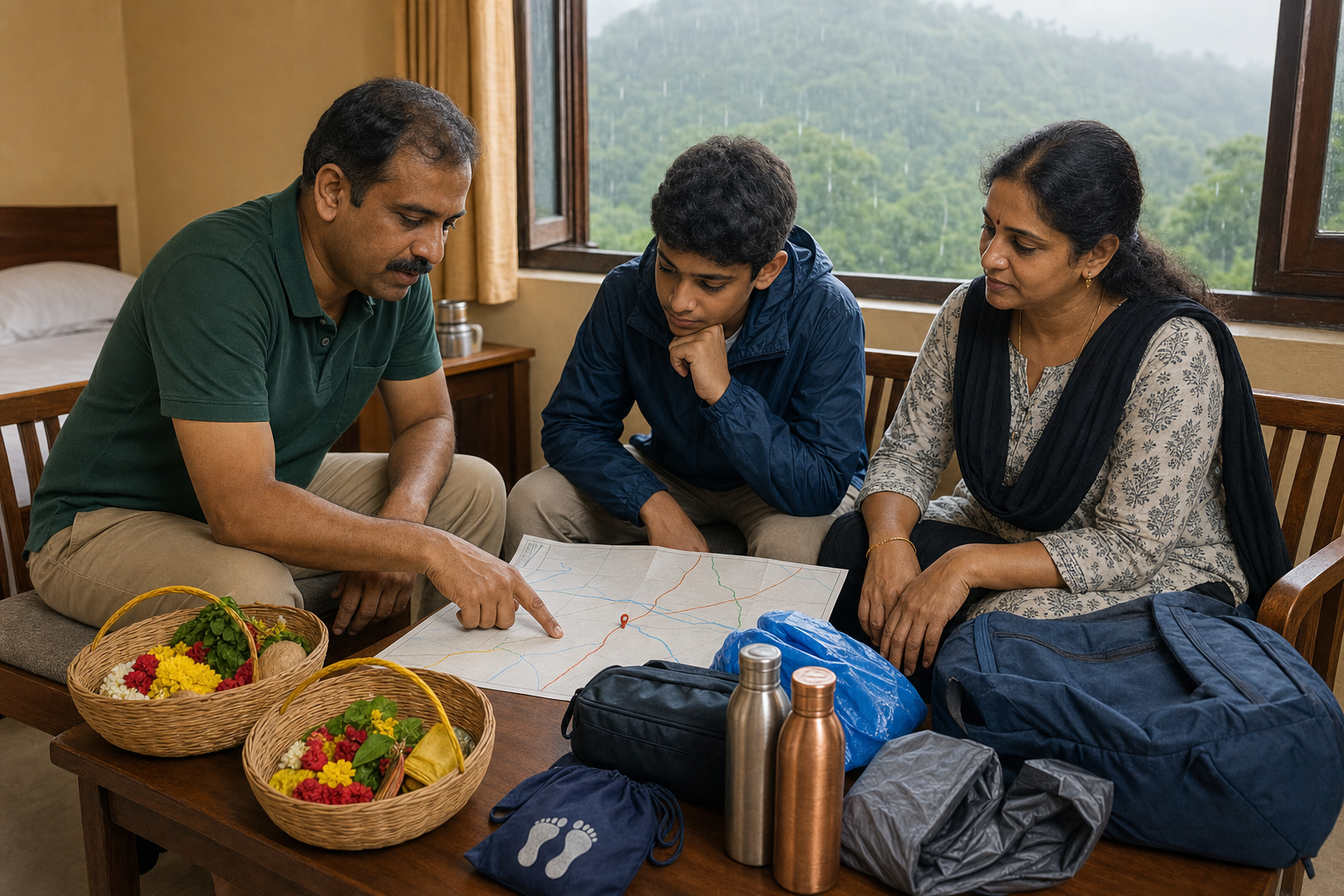 A family in a Tirupati guesthouse organizes offerings, rain gear and overnight bags around a blank route map.
