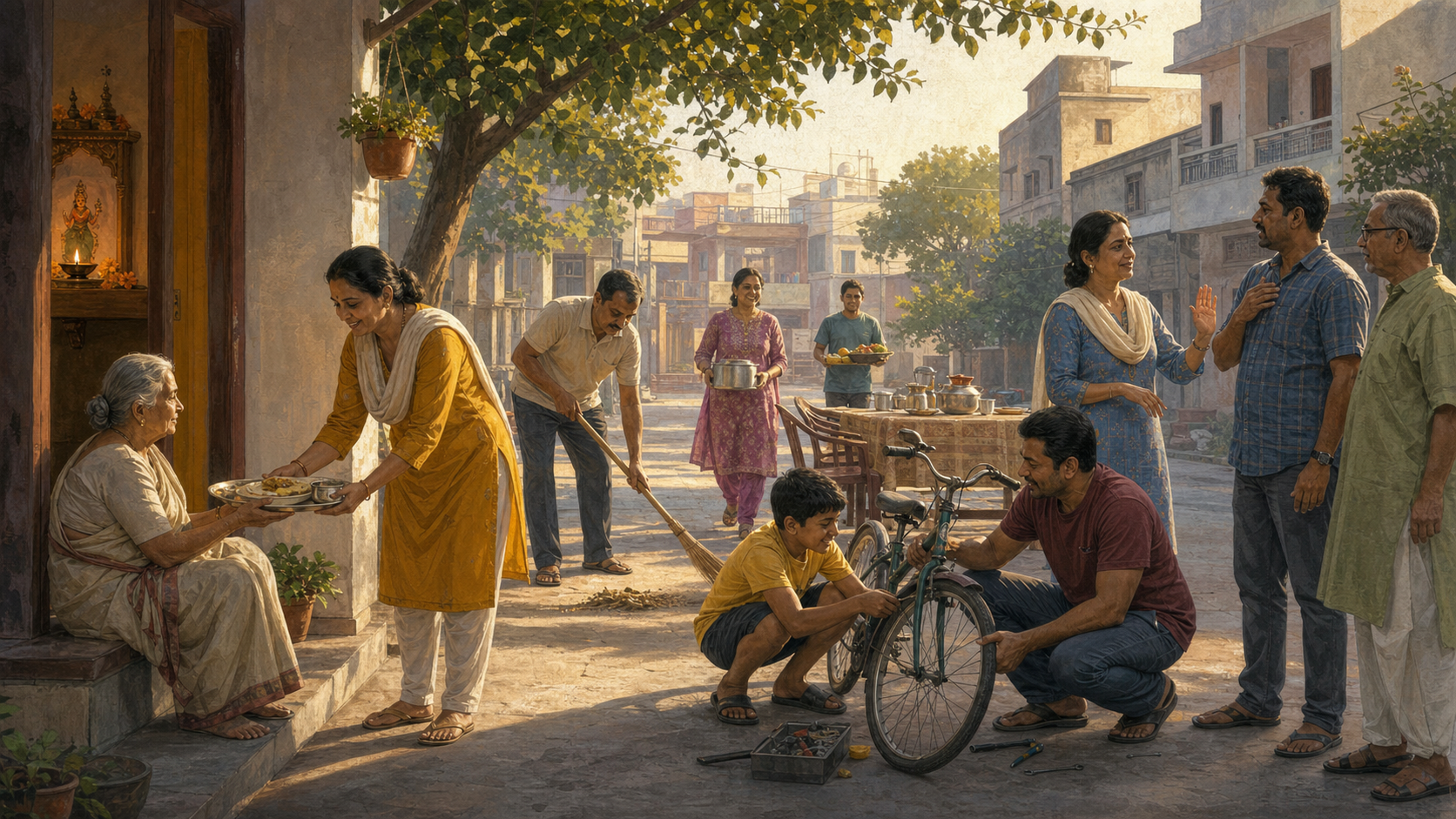 Neighbors share food, repair a bicycle, resolve a disagreement, and clean a courtyard outside a home with a small lit shrine.