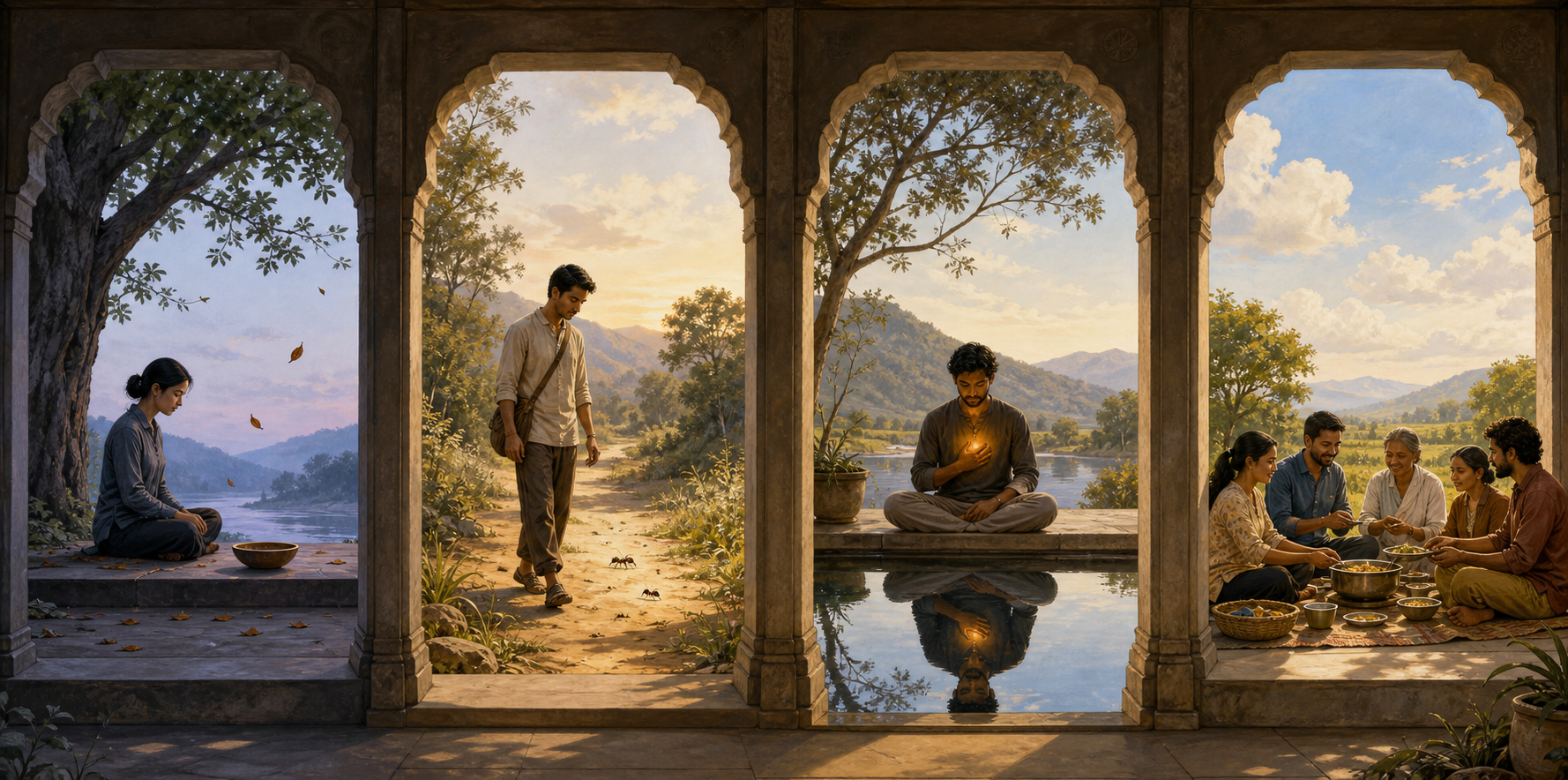 Four separate scenes show contemplation beneath a tree, careful non-harm on a path, self-inquiry beside a reflecting pool, and communal service around a meal.