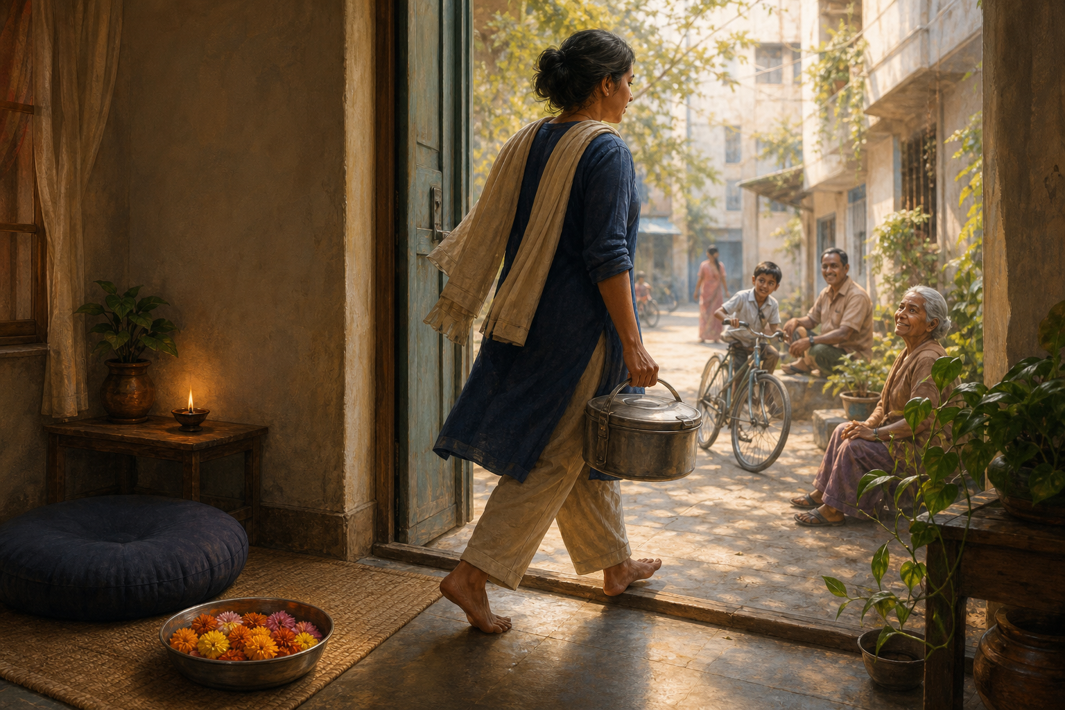 A person leaves a home shrine carrying a food pot and repair kit toward neighbors in a sunlit lane.