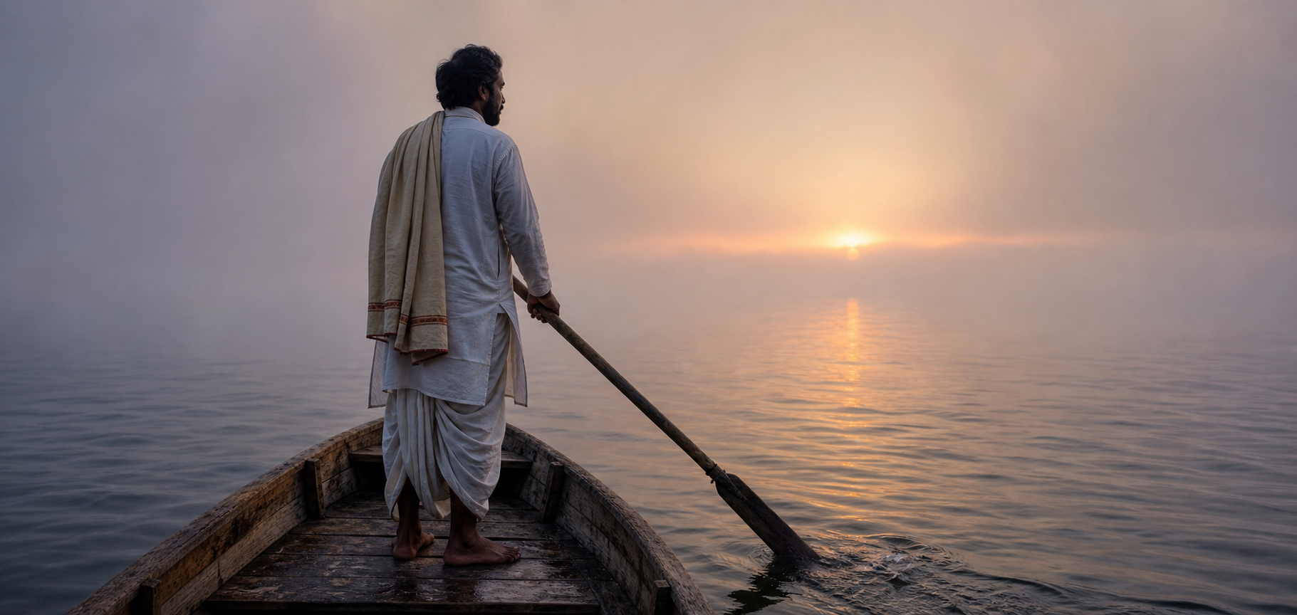 A lone pilgrim stands with an oar in a wooden boat on a wide river while the distant shore is hidden by dawn mist.