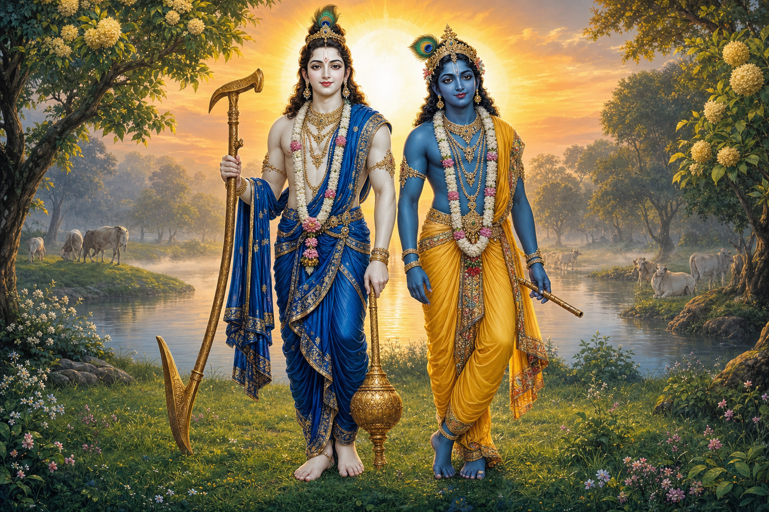 Fair-complexioned Balarama in blue garments stands beside dark-complexioned Krishna in yellow garments on the bank of the Yamuna.