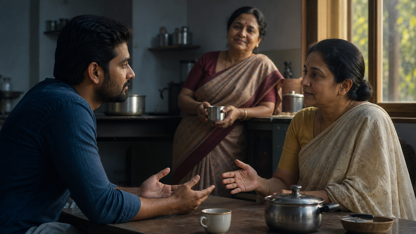 Two relatives speak calmly at a kitchen table while another family member watches from the background.