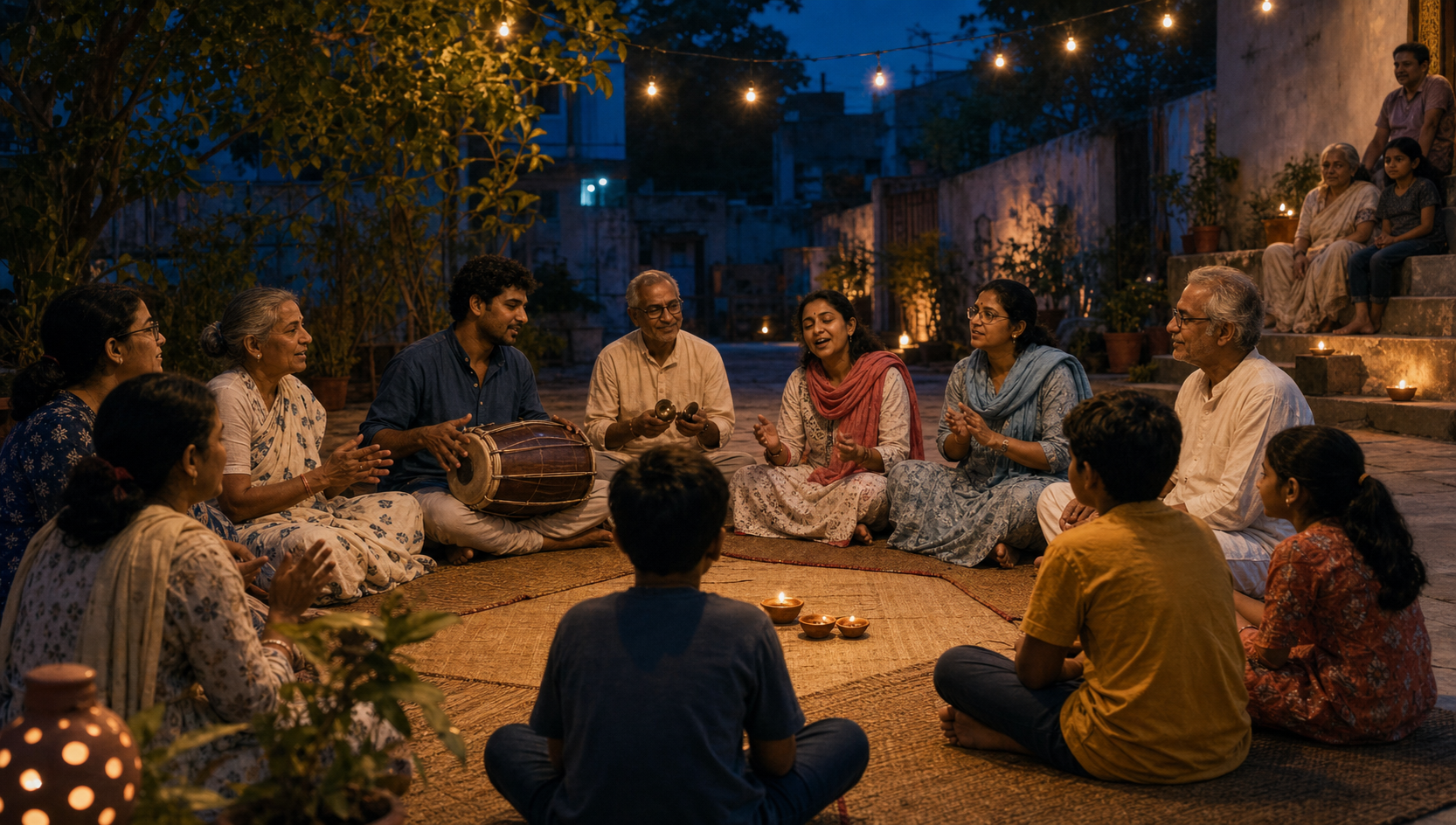 Adults, elders, and children sit in an open courtyard singing together with a hand drum and small cymbals at dusk.