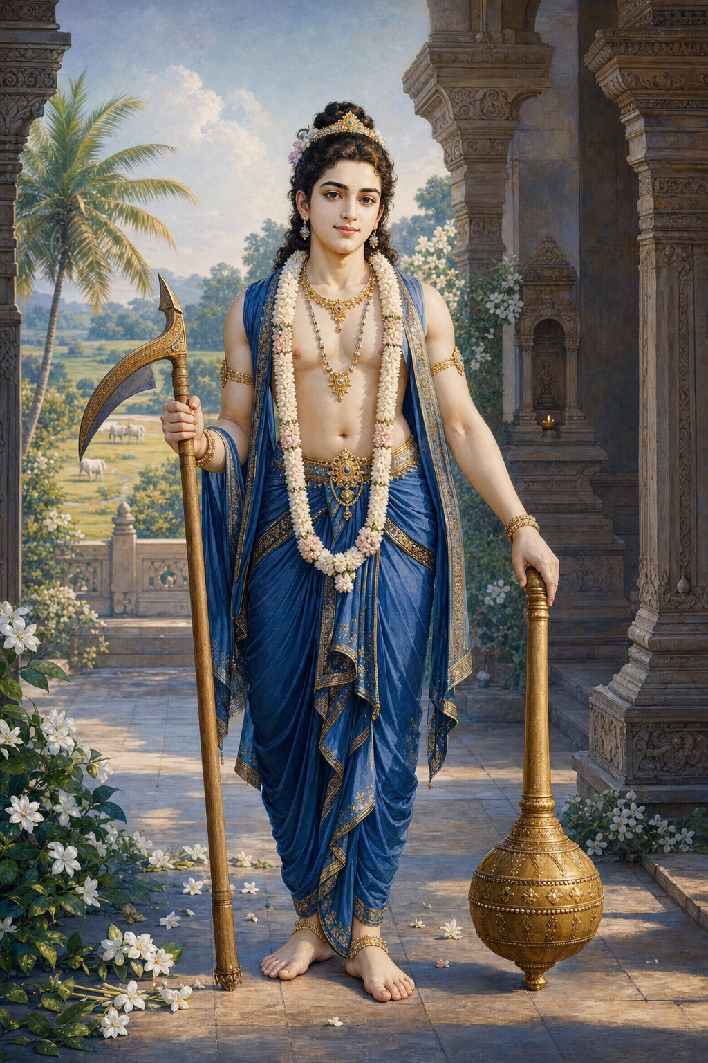 Fair-complexioned Balarama wears blue silk garments and holds a plough and mace in a flower-lined temple courtyard.