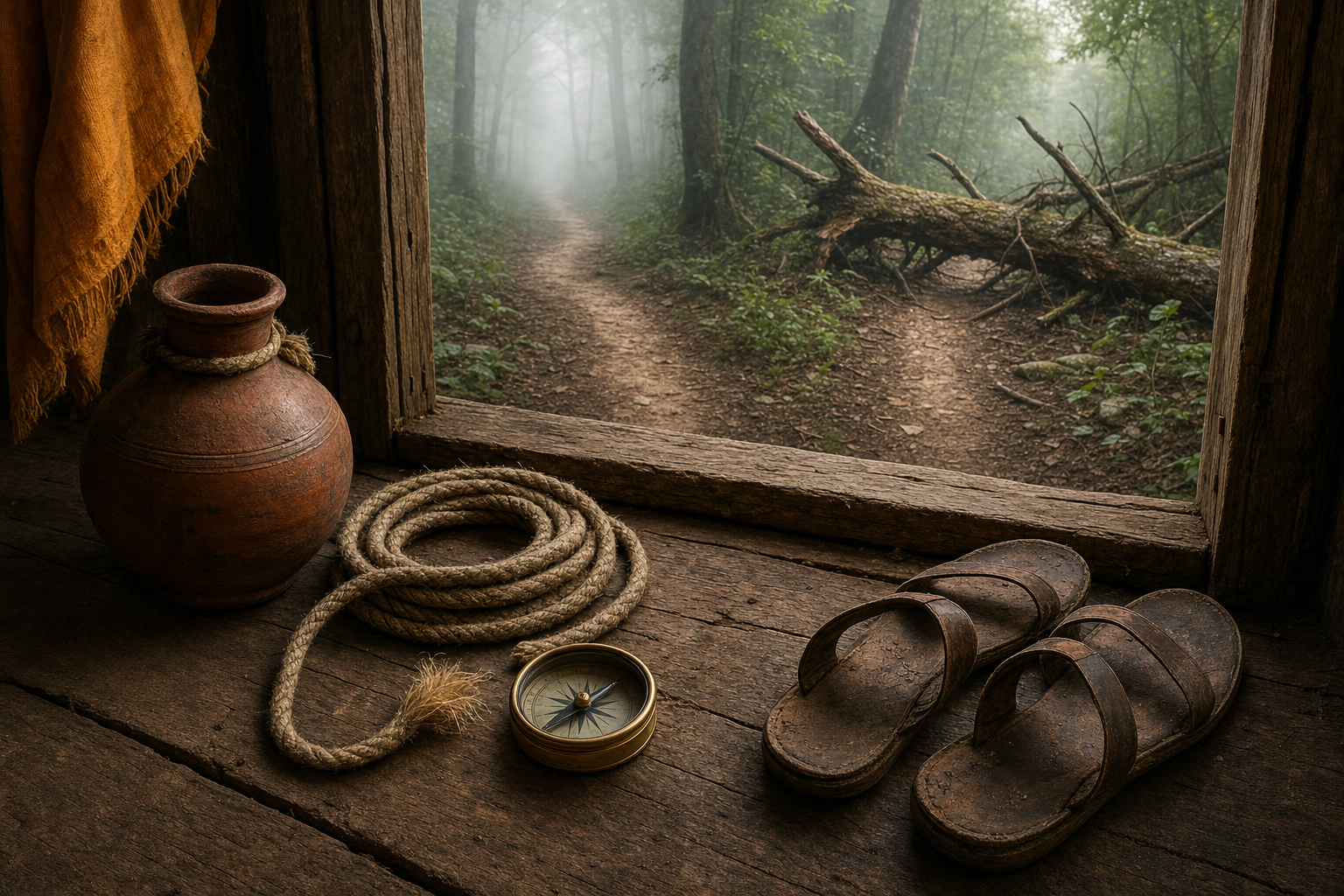 A compass, rope, water vessel, and dusty sandals lie beside a doorway overlooking a foggy forked forest path.