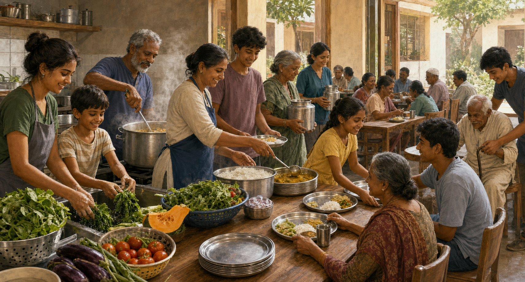 Neighborhood volunteers prepare and serve a communal meal while residents arrange plates and assist an older person.