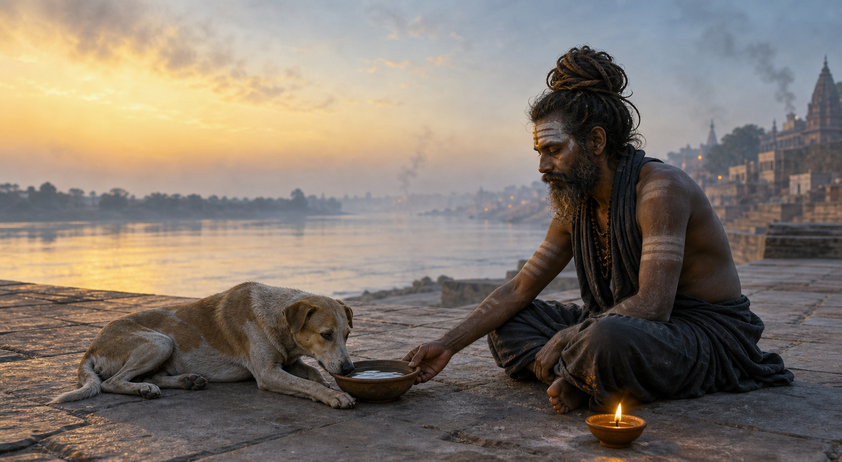 An ash-marked ascetic meditates beside a river at dawn while placing a bowl of water near a resting dog, with distant smoke in the mist.