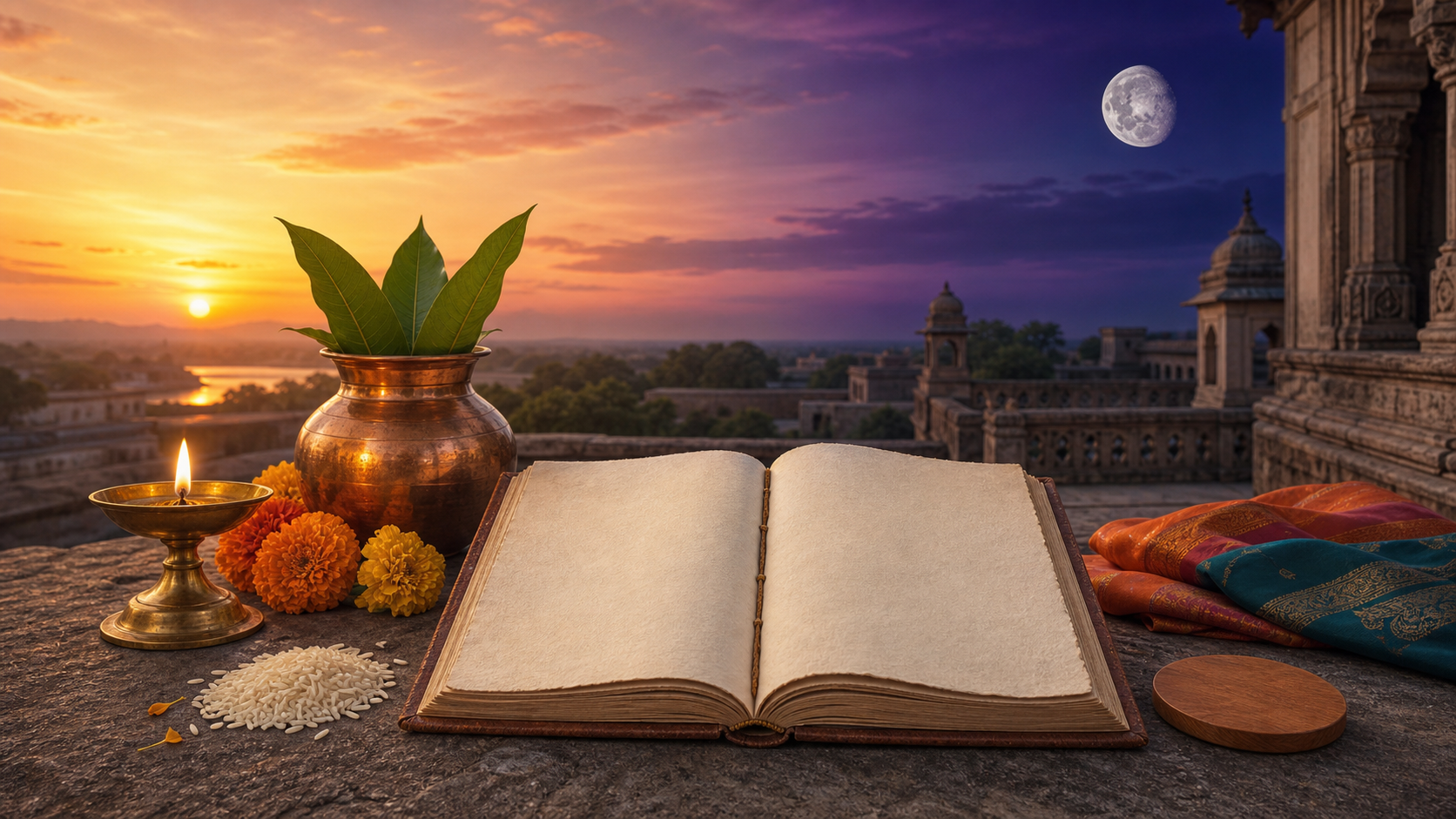An open unmarked almanac beside a brass lamp, copper vessel, rice, and marigolds on a terrace transitioning from sunrise to moonlit evening.