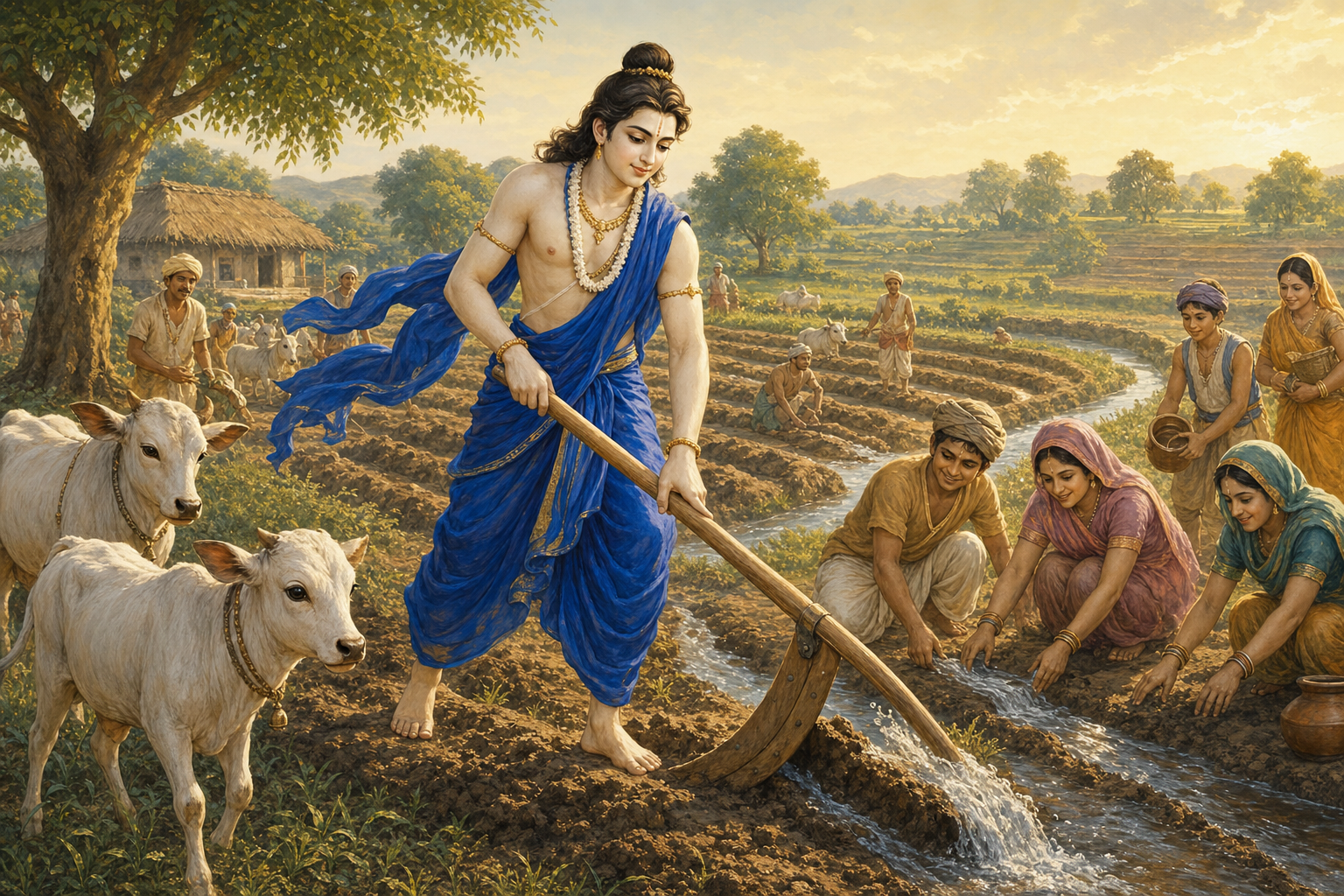 Balarama, fair-skinned and dressed in blue, calmly uses his plough to guide irrigation water toward a field as villagers assist.