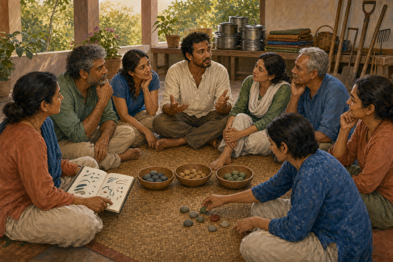 Neighbors sit in a listening circle and sort colored pebbles into unmarked bowls while reviewing a completed service activity.