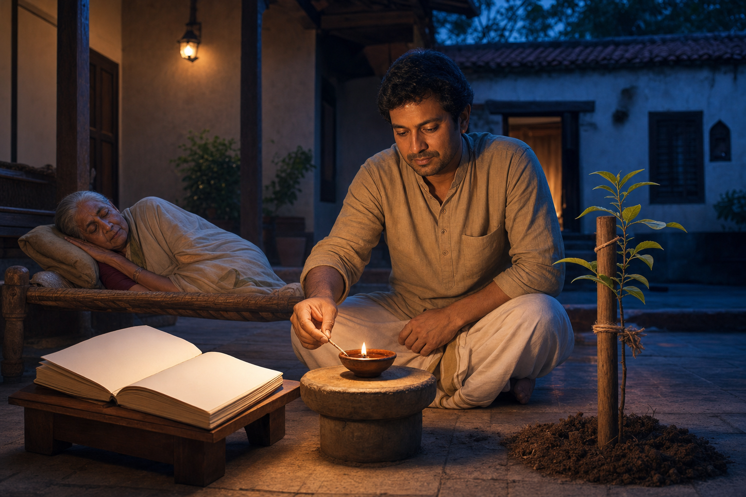 A householder tends an oil lamp in a courtyard near an older relative, blank study pages, and a supported young tree.