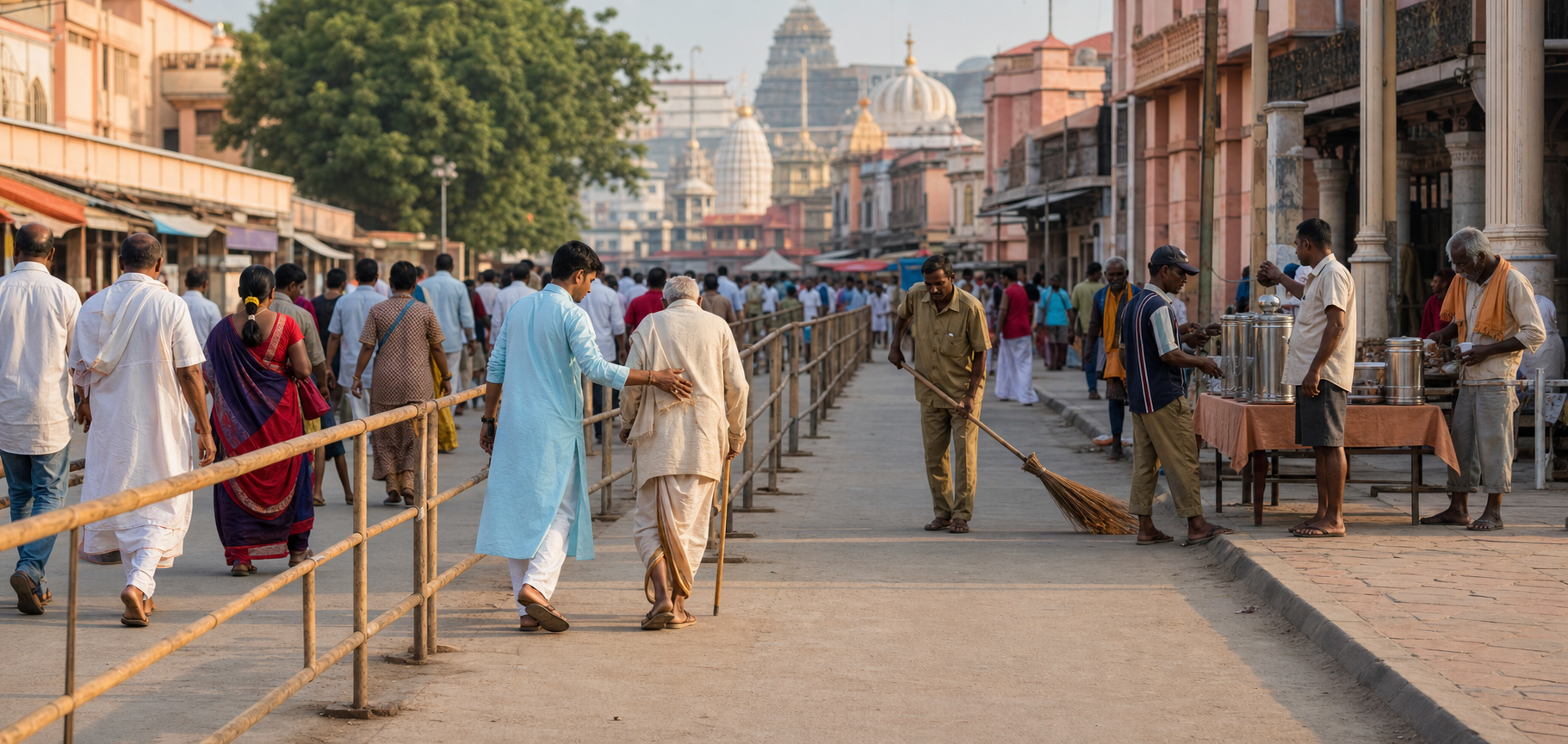 Temporary barriers separate a peaceful pilgrimage route from regular pedestrian activity in an Indian town.