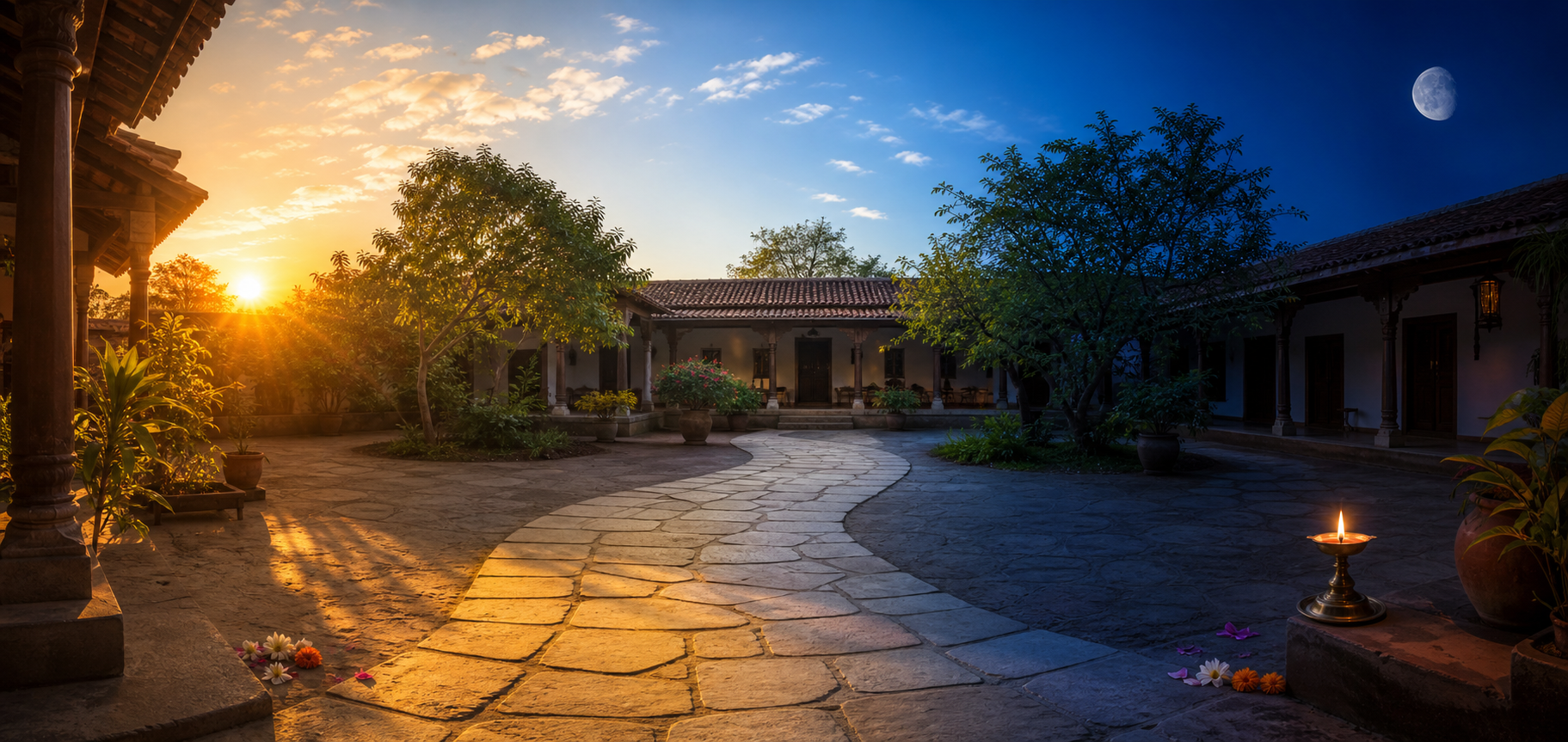 A continuous Indian courtyard scene changes from golden sunrise through afternoon to blue evening beneath a waning gibbous moon.