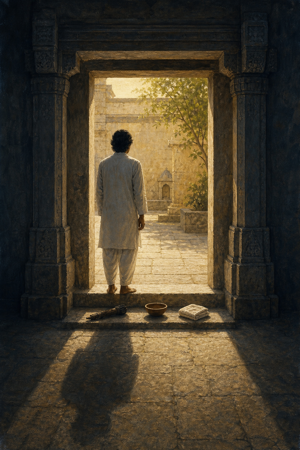A plainly dressed seeker stands at the threshold between a dark stone passage and a sunlit courtyard beside a clay bowl and folded cloth.