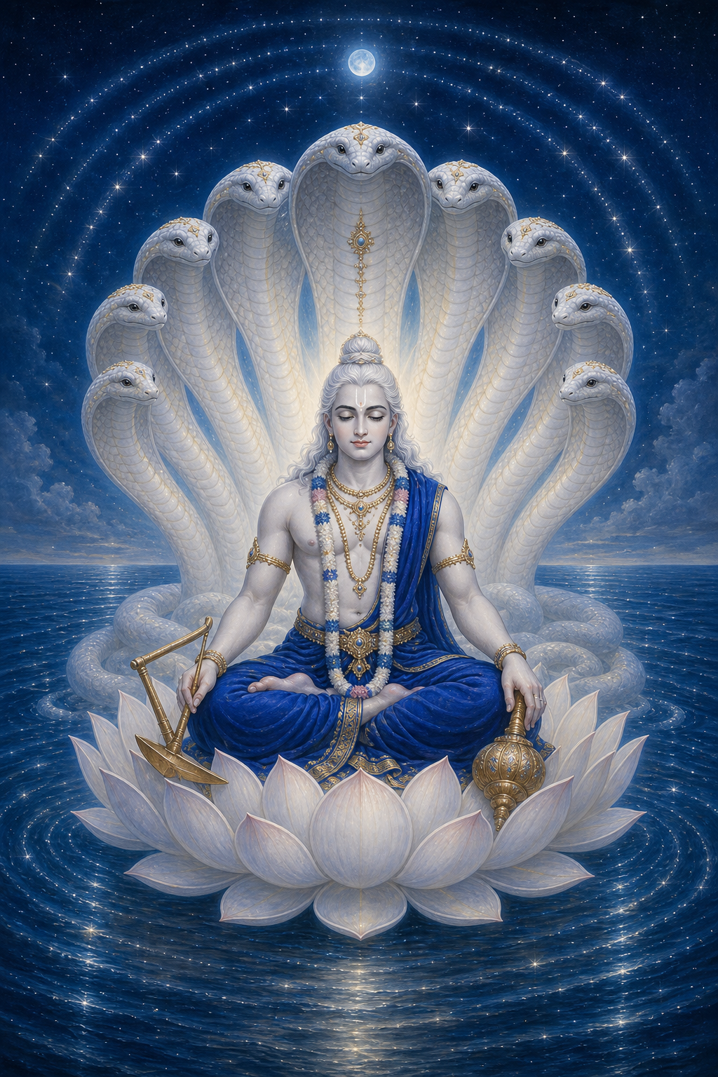 Balarama in blue garments meditates above a cosmic ocean beneath the luminous many-hooded canopy of Ananta Sesha.