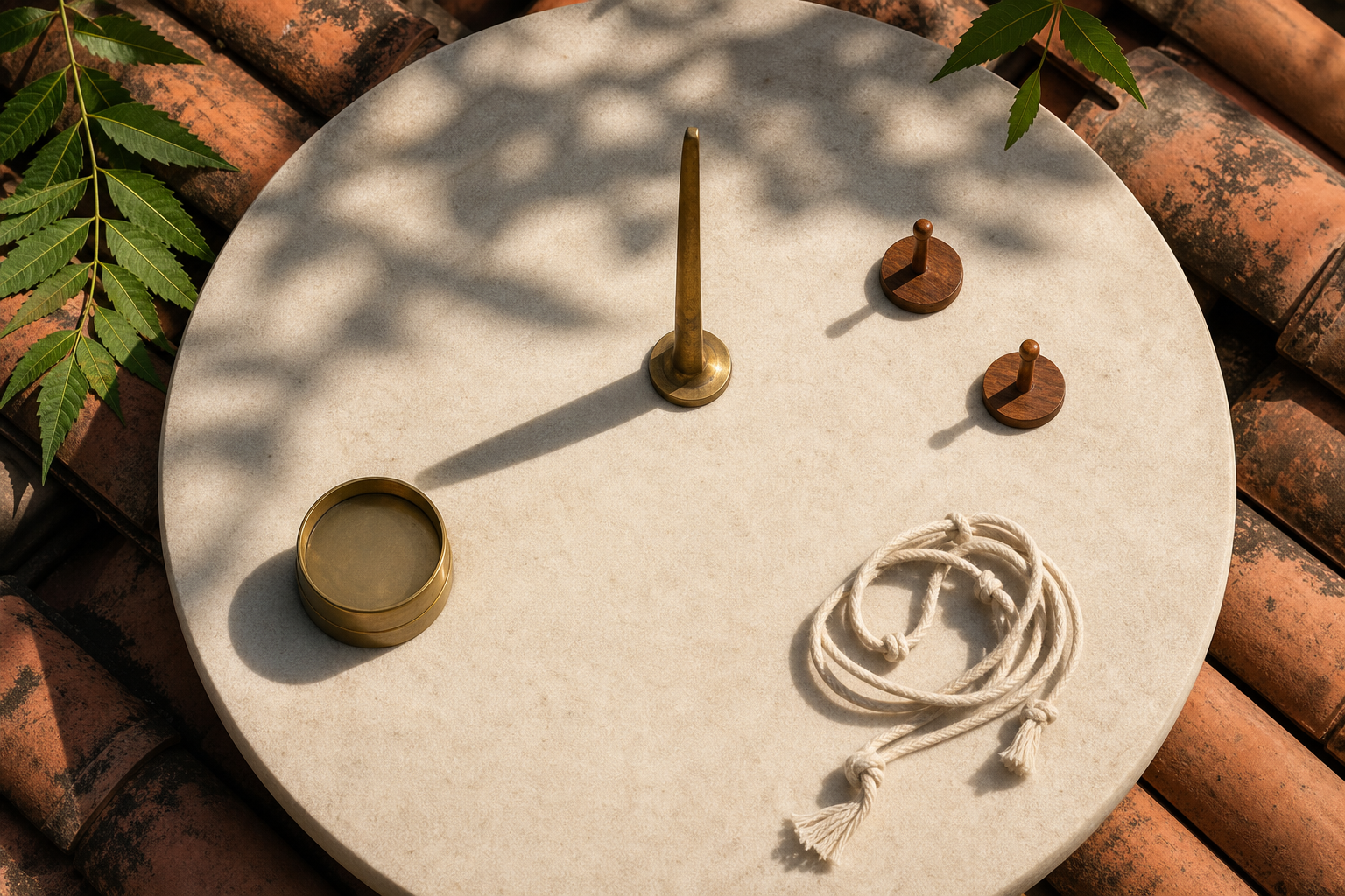 A brass gnomon casts a shadow across an unmarked stone circle beside wooden markers and a directional instrument on a sunny rooftop.