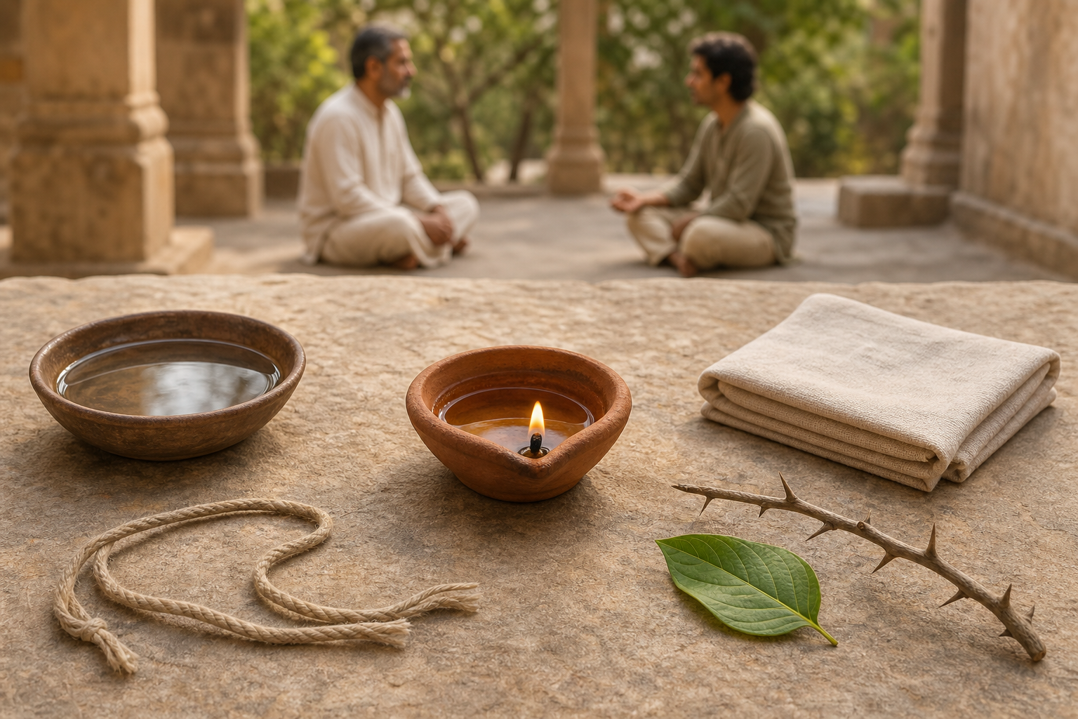 A clay lamp, bowl of water, unknotted cord, folded cloth, green leaf and thorn branch rest on stone as two people converse in the background.