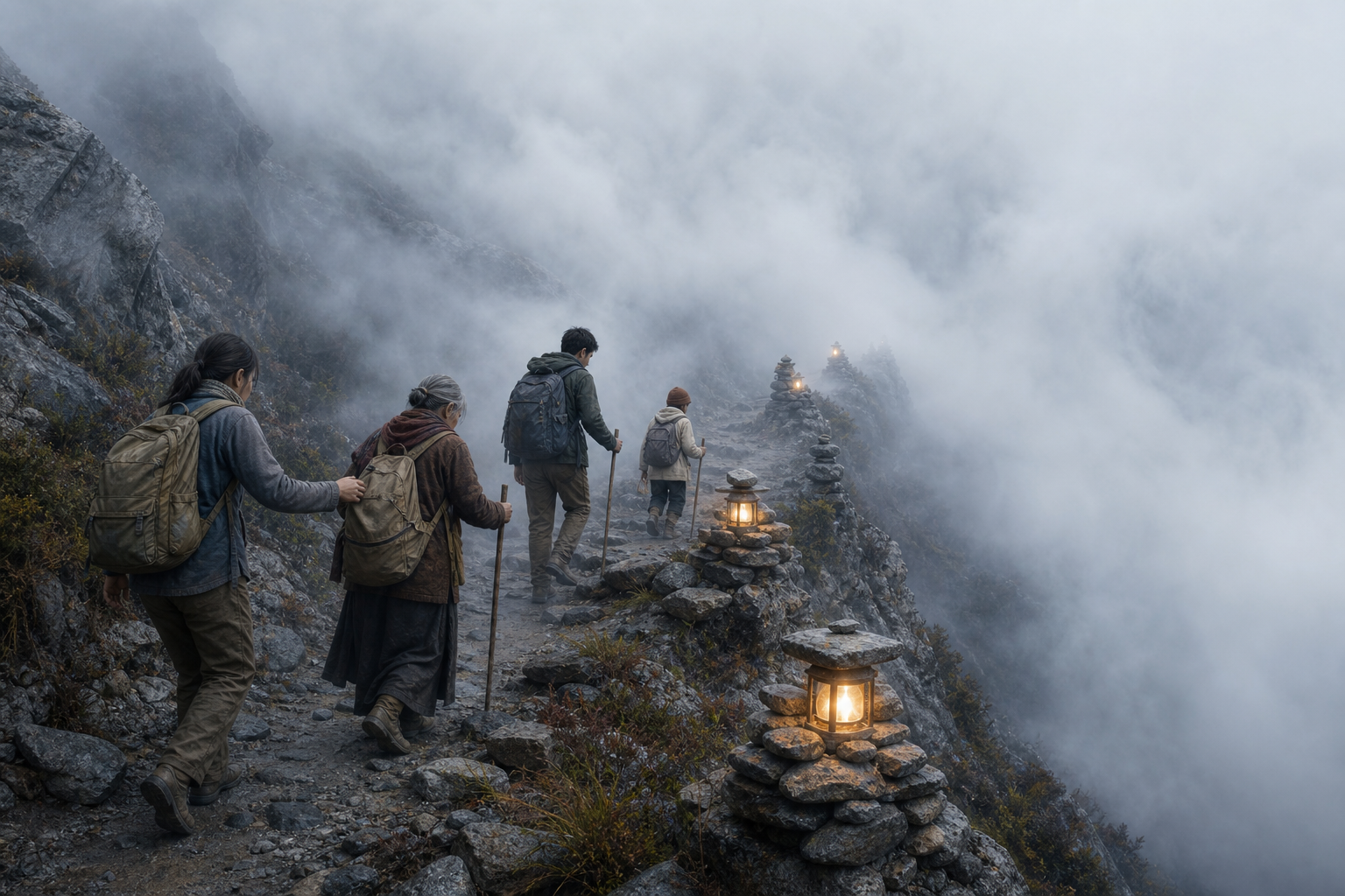 Four travelers follow stone cairns and lanterns along a misty mountain path, with one helping another over uneven ground.