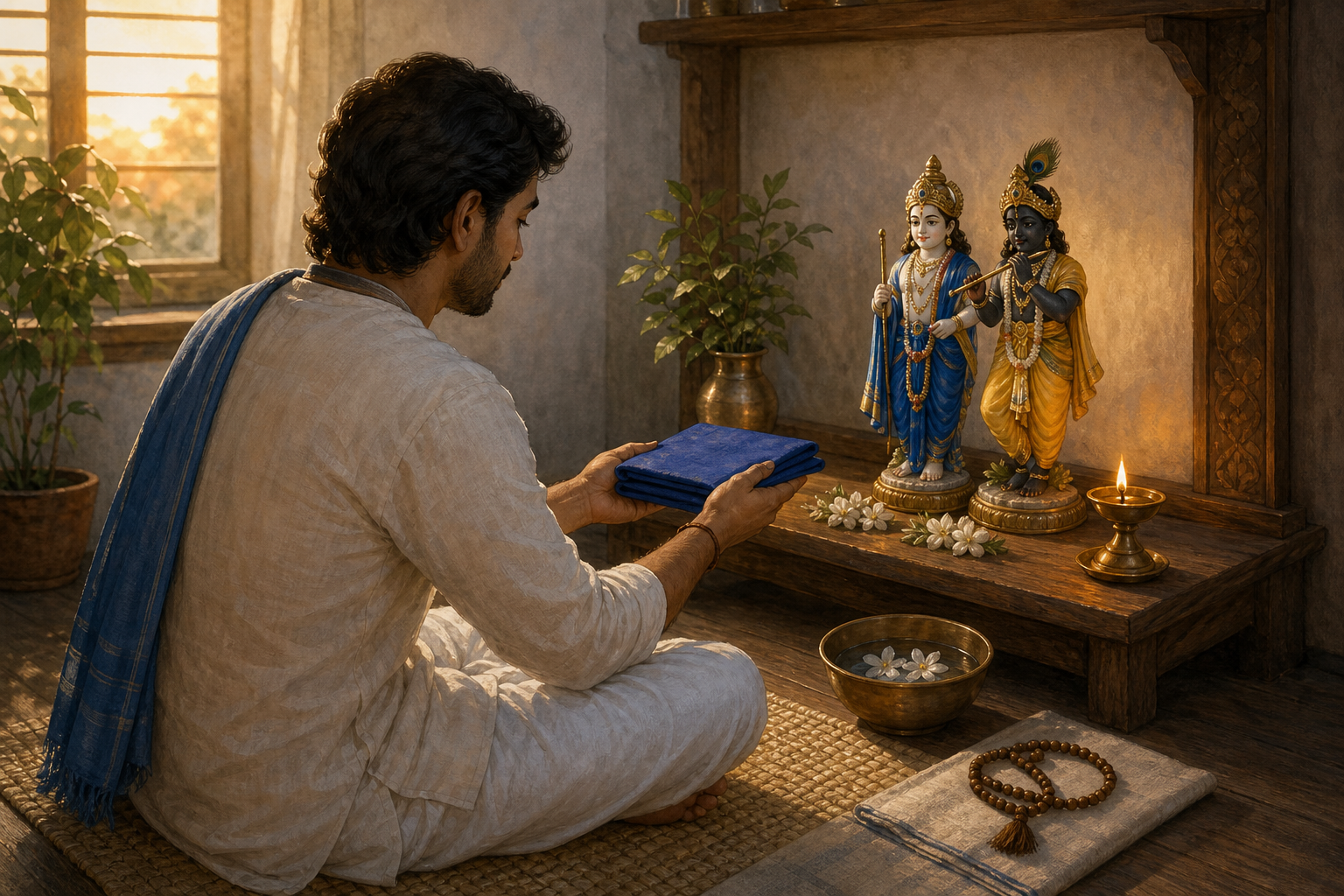A devotee offers folded blue cloth and white flowers before small figures of Balarama in blue and Krishna in yellow at a home shrine.