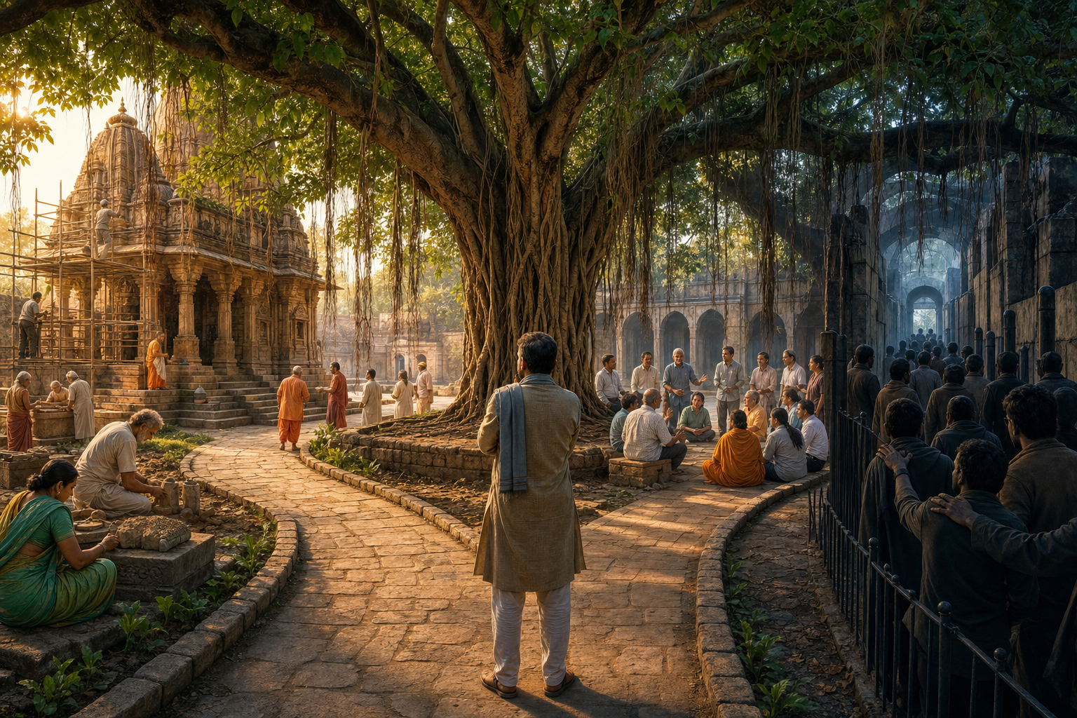 An observer stands where paths lead to a maintained temple, an open civic gathering, and a narrow shadowed passage, beneath a large banyan tree.