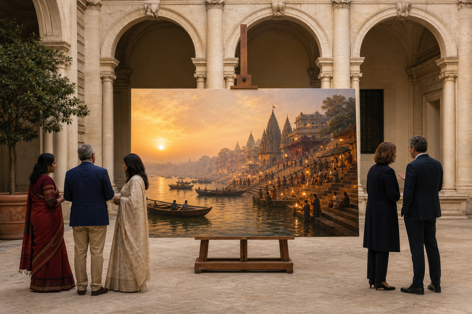 A Kashi riverfront painting on an easel in a Roman courtyard as anonymous Indian and Italian cultural representatives converse nearby.