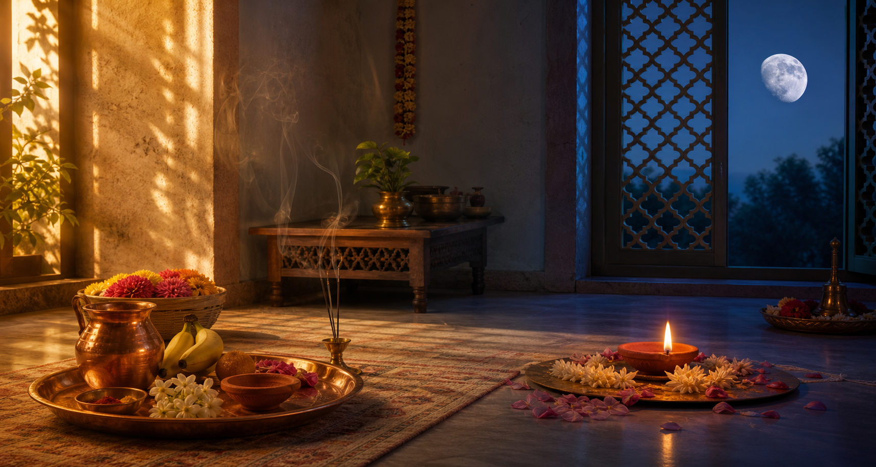 A home prayer space shifts from late-afternoon puja preparations to an orderly lamp-lit evening beneath the moon.