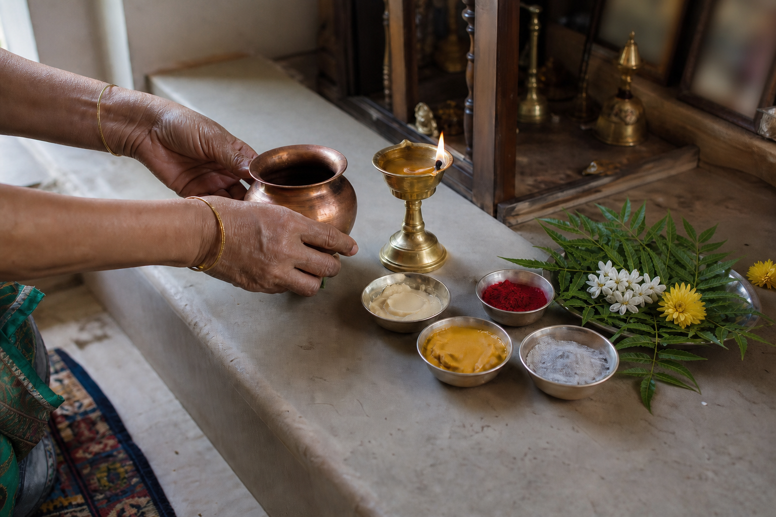 Hands arranging a copper vessel near a lamp and separate bowls of sandalwood paste, kumkum, turmeric paste, and sacred ash at a home shrine.