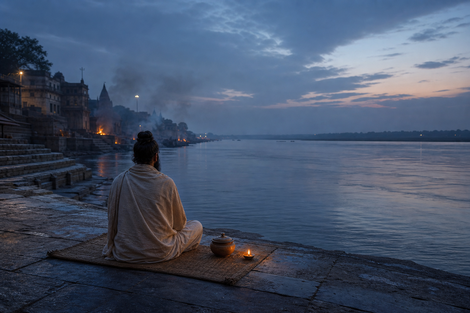 An ascetic sits on a mat beside a river at twilight with a covered ash vessel and clay lamp, while smoke and distant firelight rise beyond the stone steps.