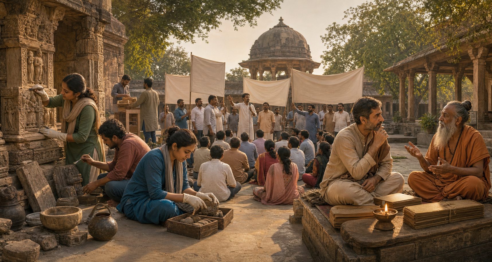 Three adjoining scenes show temple conservation, a peaceful political gathering, and a philosophical discussion beside manuscripts and an oil lamp.