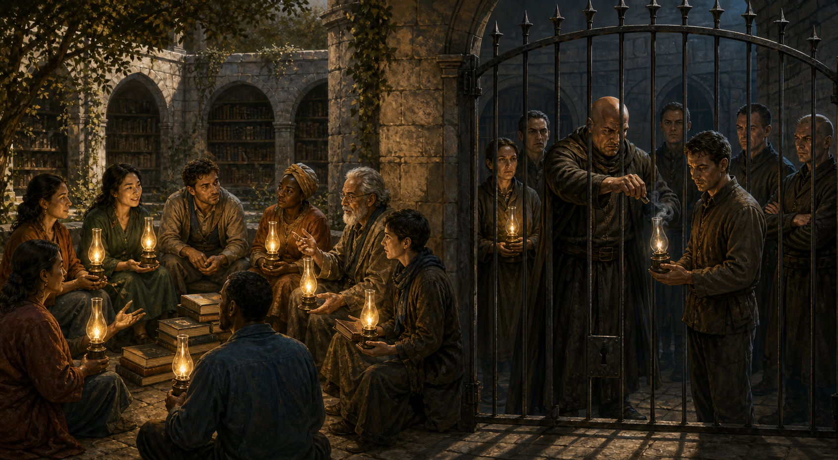 One group discusses ideas in an open circle while another group stands behind a closed gate as a dominant figure extinguishes a dissenter's lamp.