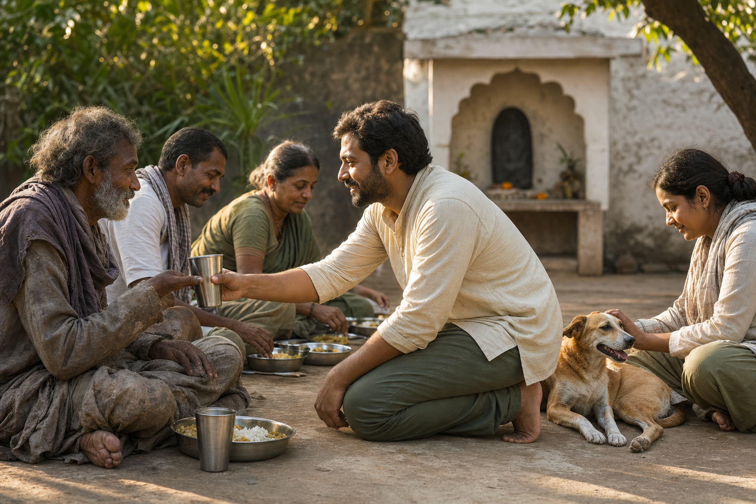 People share a meal in a community courtyard as one volunteer offers water to an older guest and another cares for a street dog.