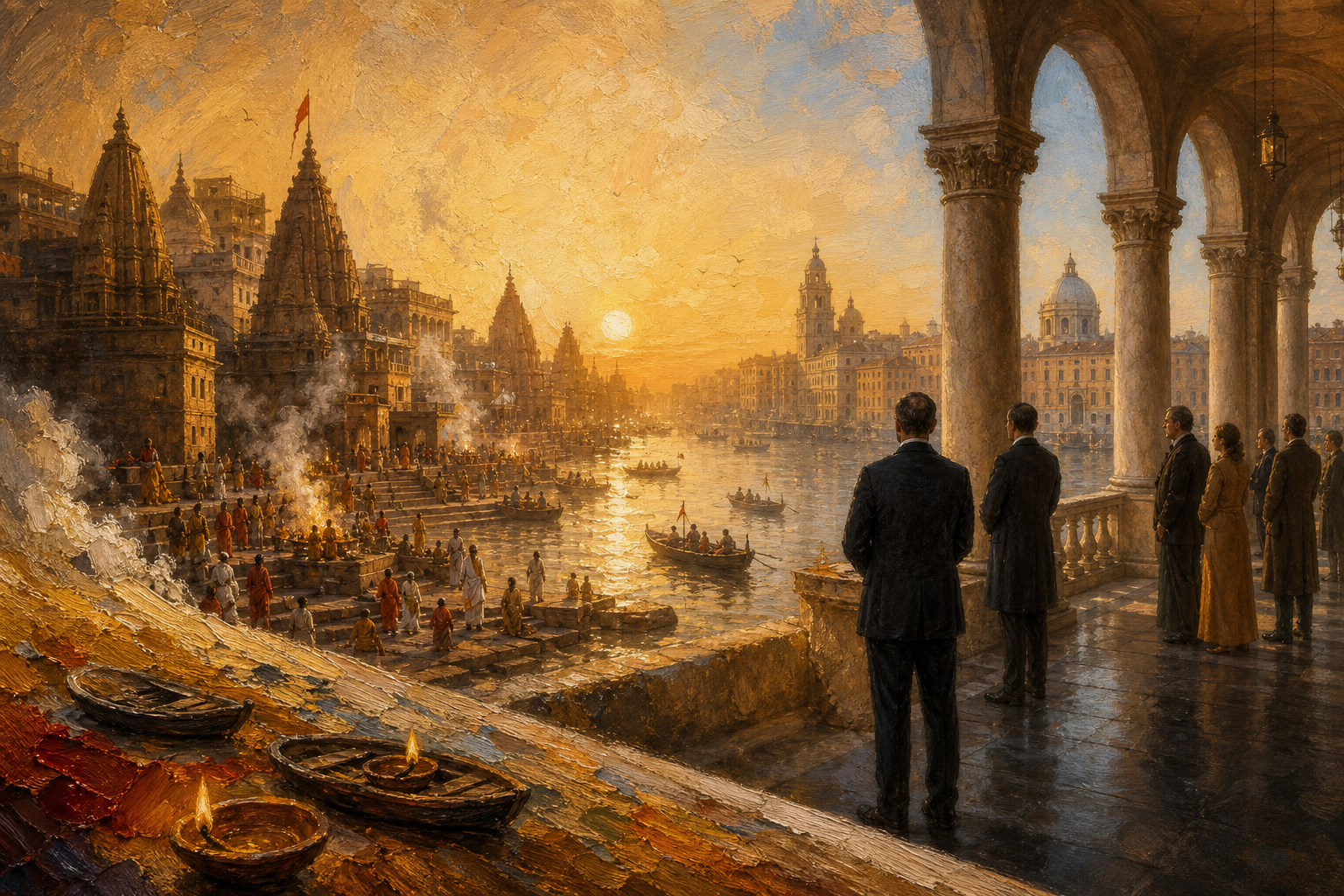 A layered illustration moves from the painted surface of Kashi to its lived riverfront and then to an Italian arcade where visitors view it.