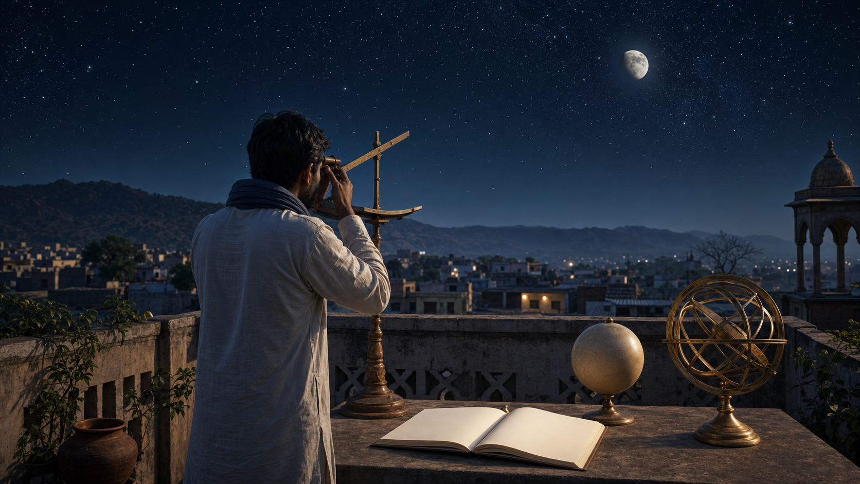 A rooftop observer aligns a traditional sighting instrument with the moon and stars beside a blank notebook and unmarked celestial model.