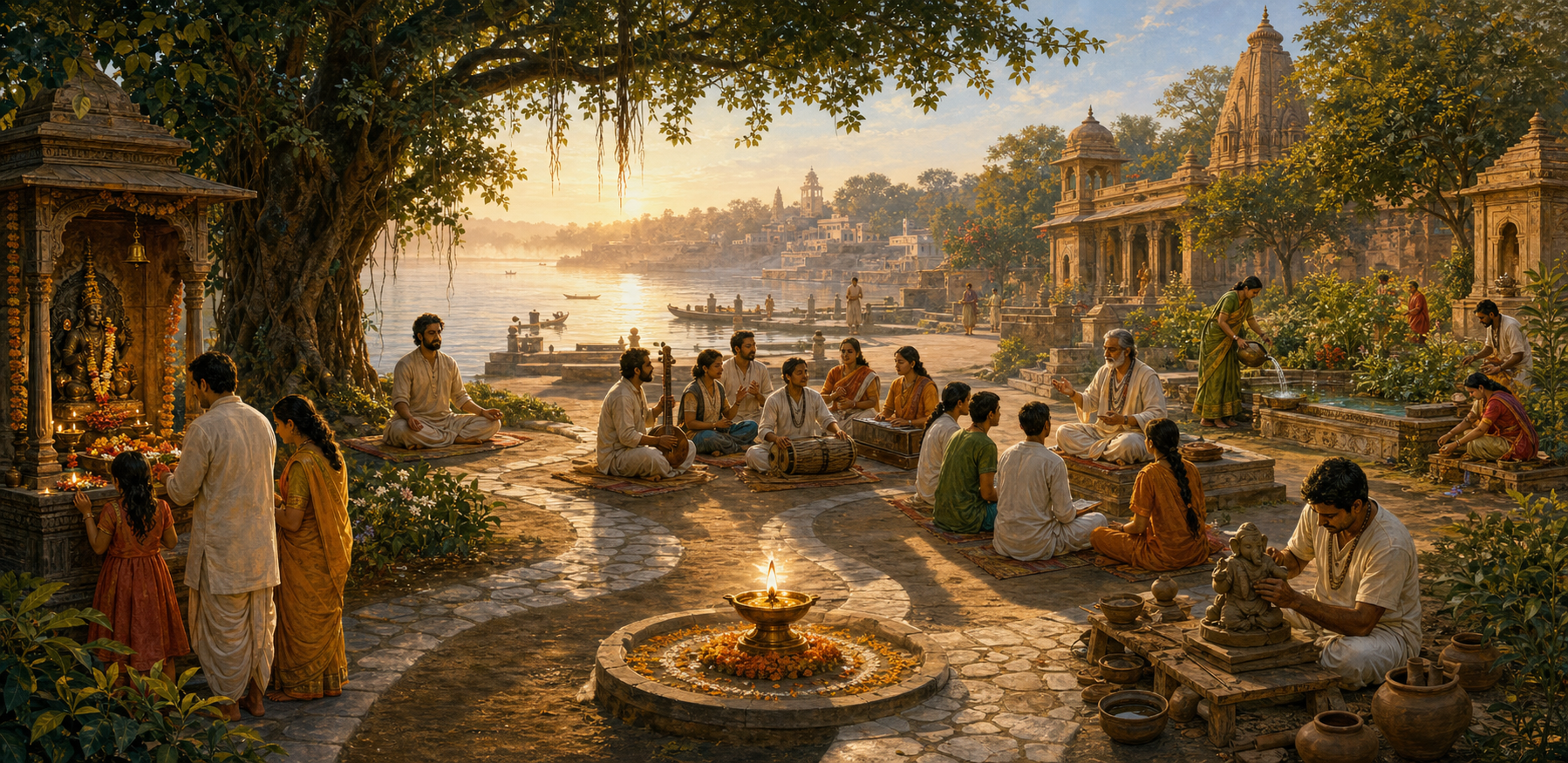Families, meditators, musicians, students, an artisan, and villagers follow different practices around a riverside temple courtyard.
