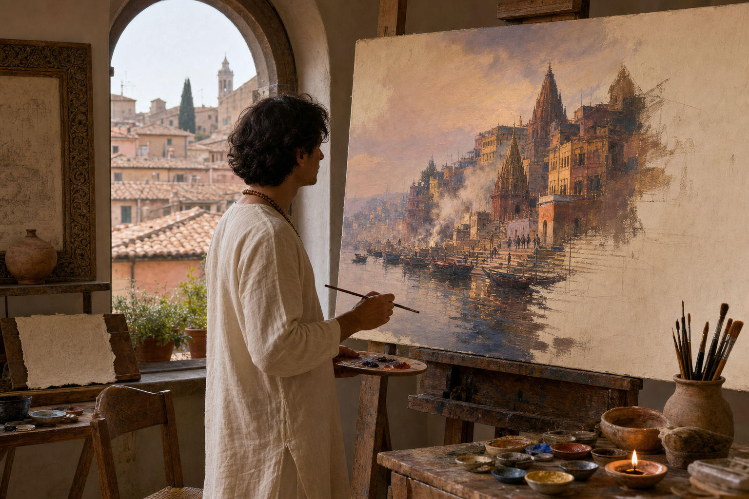 A fictional European Vaishnava artist paints an original view of Kashi in an Italian studio filled with pigments, brushes, and devotional objects.