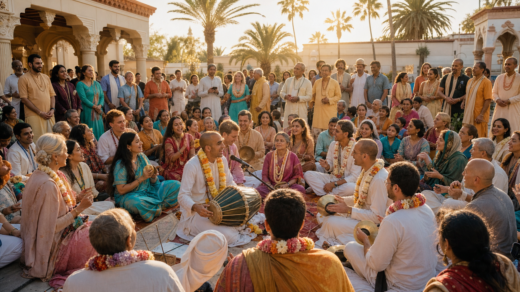 A multigenerational congregation sings and plays devotional instruments in a flower-decorated Los Angeles temple courtyard.