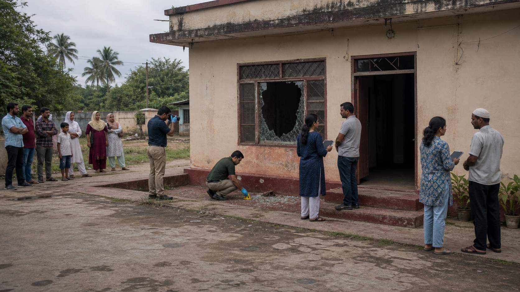 Investigators document a broken window and interview witnesses outside a community building while residents wait nearby.