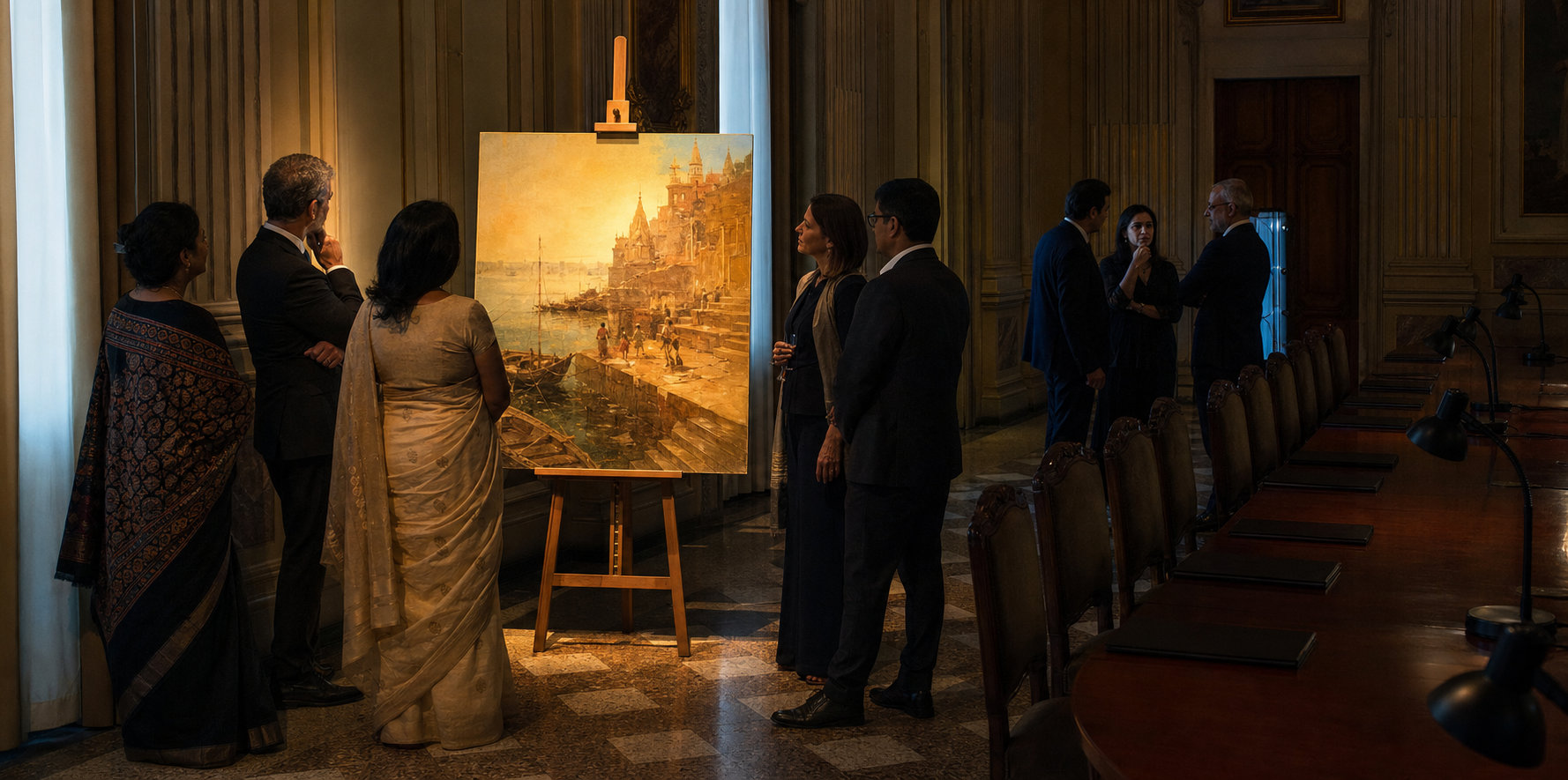 A Kashi painting draws guests into conversation in a diplomatic salon while an empty policy table remains in the background.