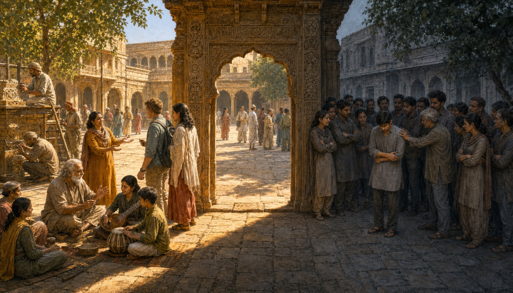 A heritage gateway separates a welcoming restoration and teaching scene from a shadowed group pressuring an isolated person to conform.