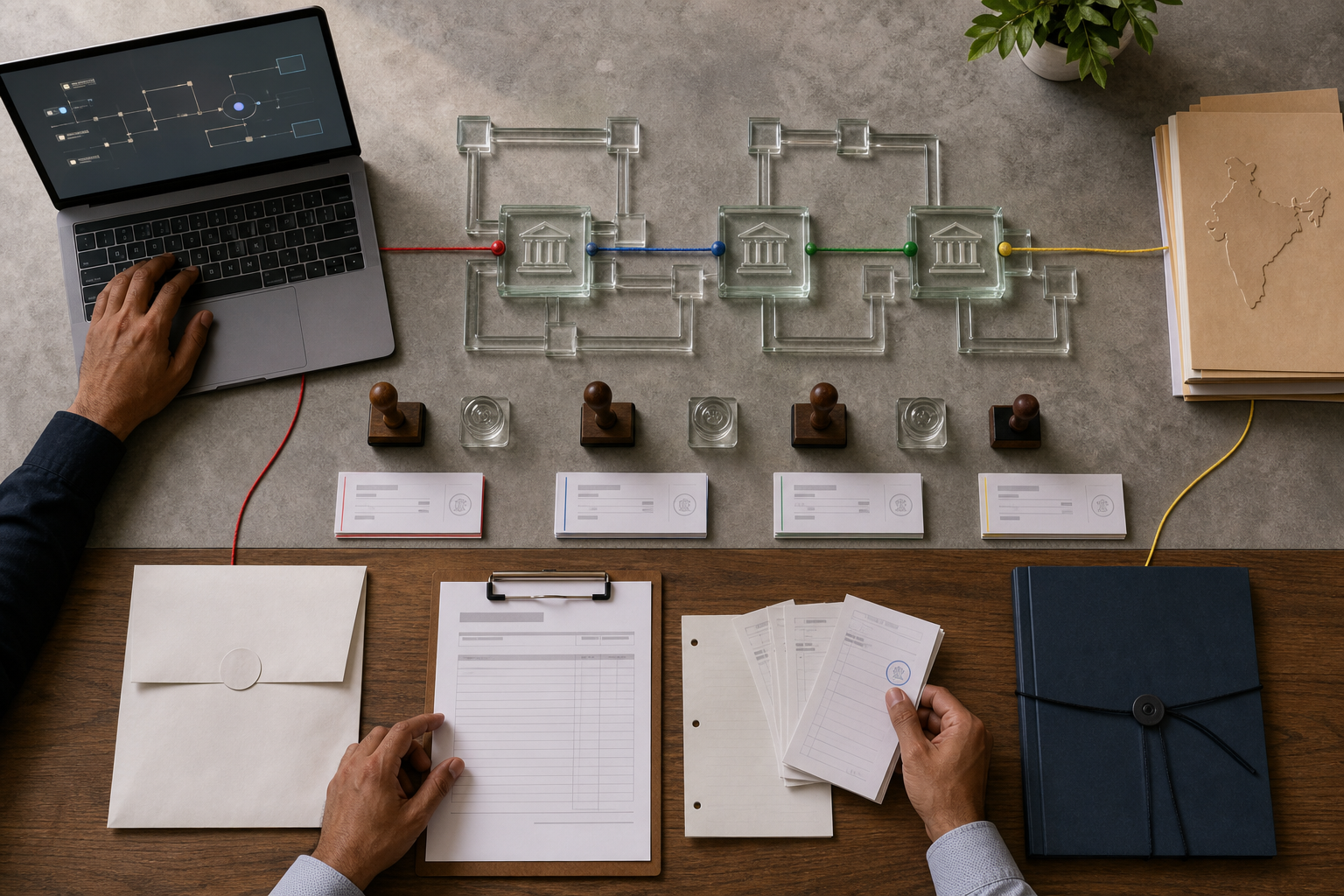 Overhead view of hands reviewing a traceable funding route through banking checkpoints, blank forms, receipts, and nonprofit project records.