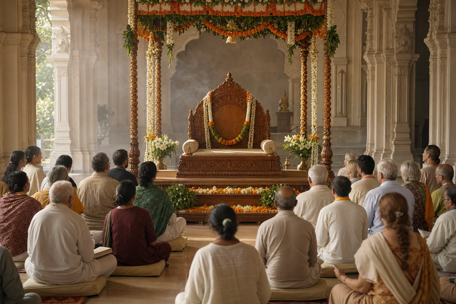 Devotees sit before an empty flower-garlanded teaching seat inside a softly lit temple hall.