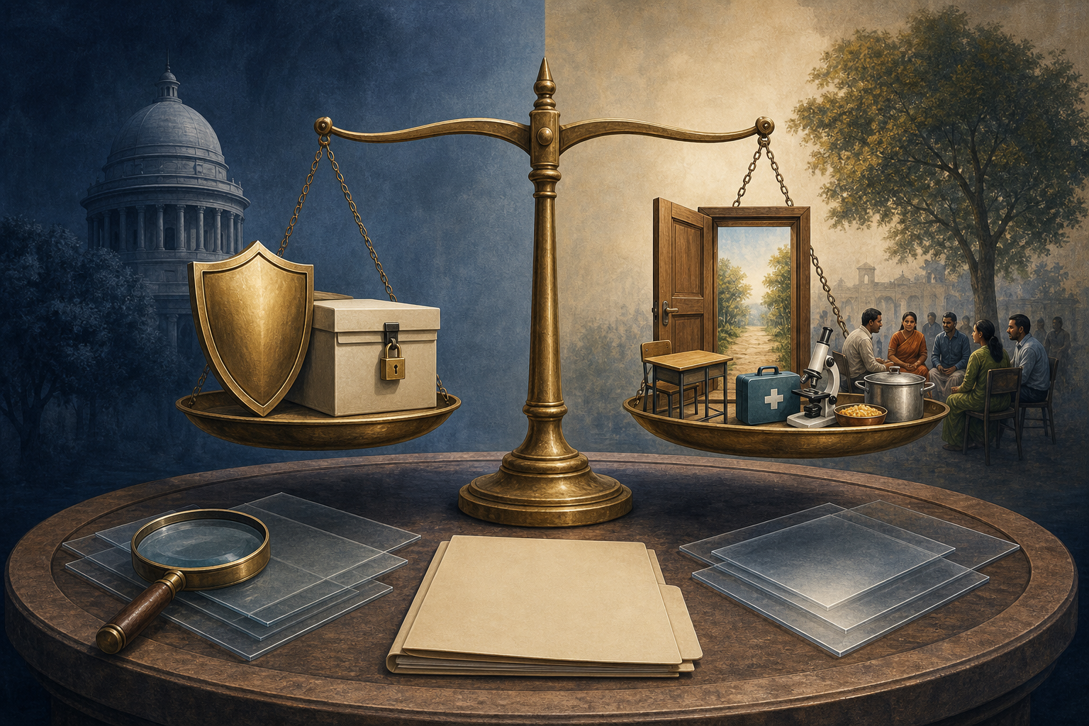 A balanced scale weighs a security shield and locked records against objects representing education, relief, research, charity, and civic participation.